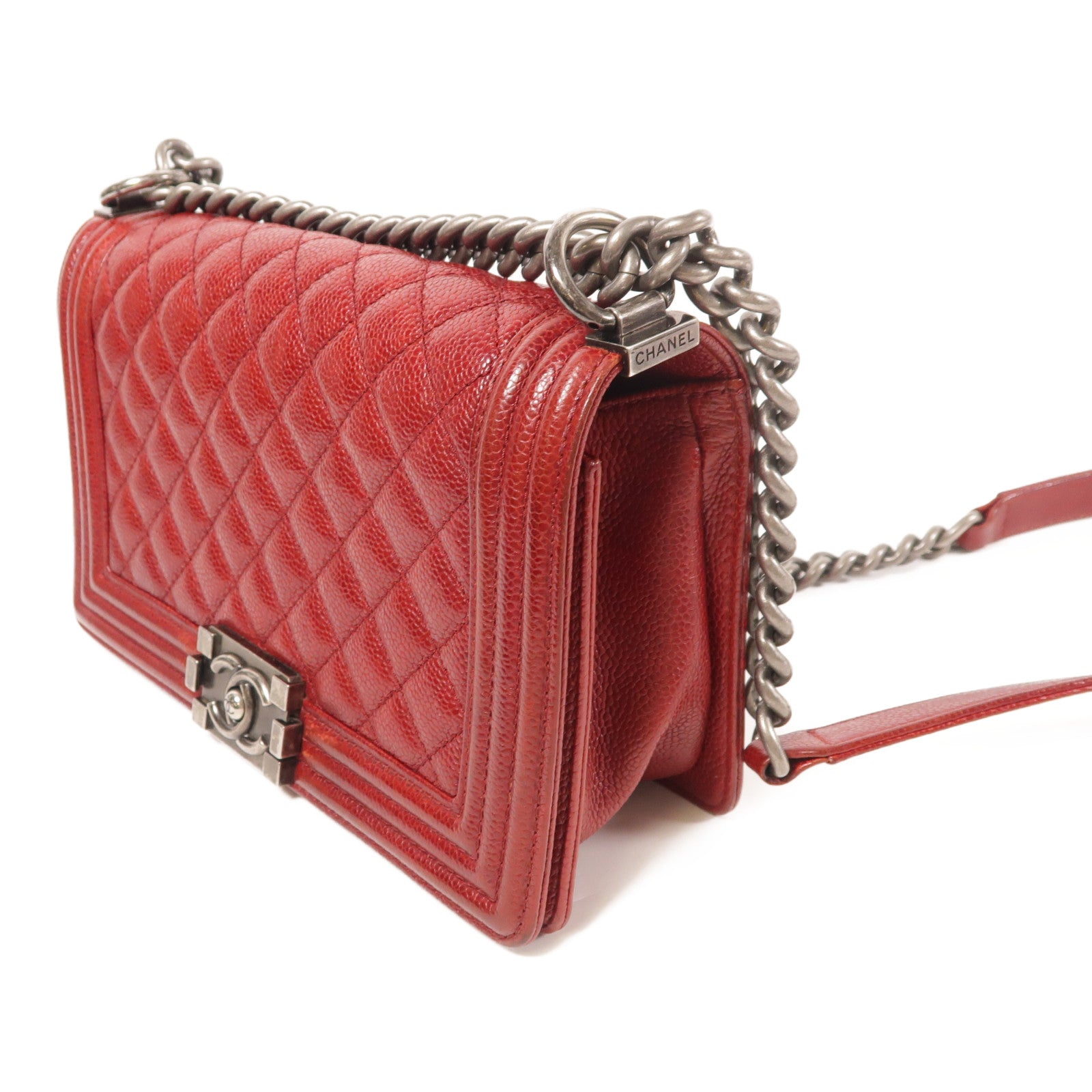 CHANEL CC SHW Boy 25 Chain Shoulder Bag Calfskin Leather Red