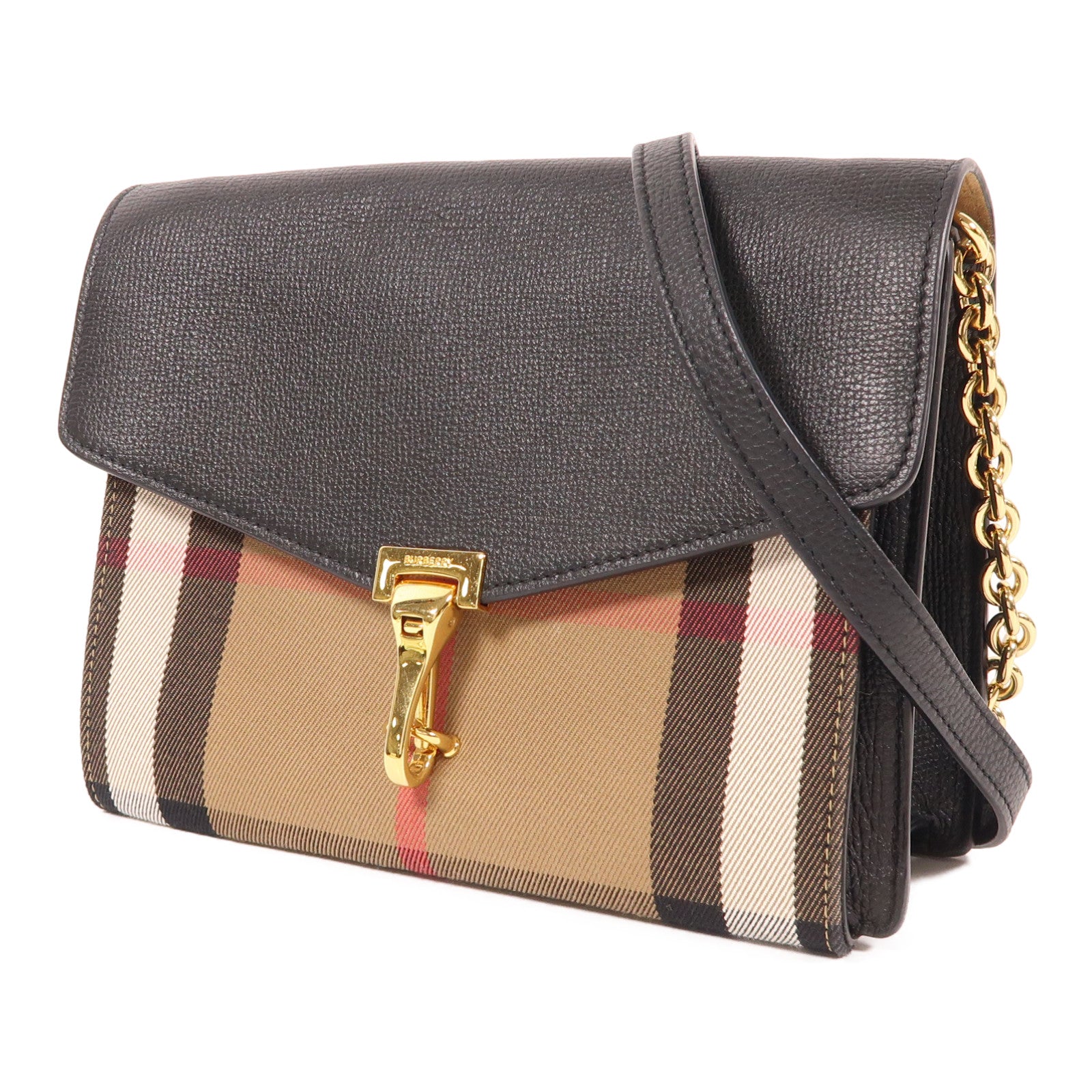 BURBERRY 帆布/皮革Chain Shoulder金扣鏈帶肩背袋黑色/棕色
