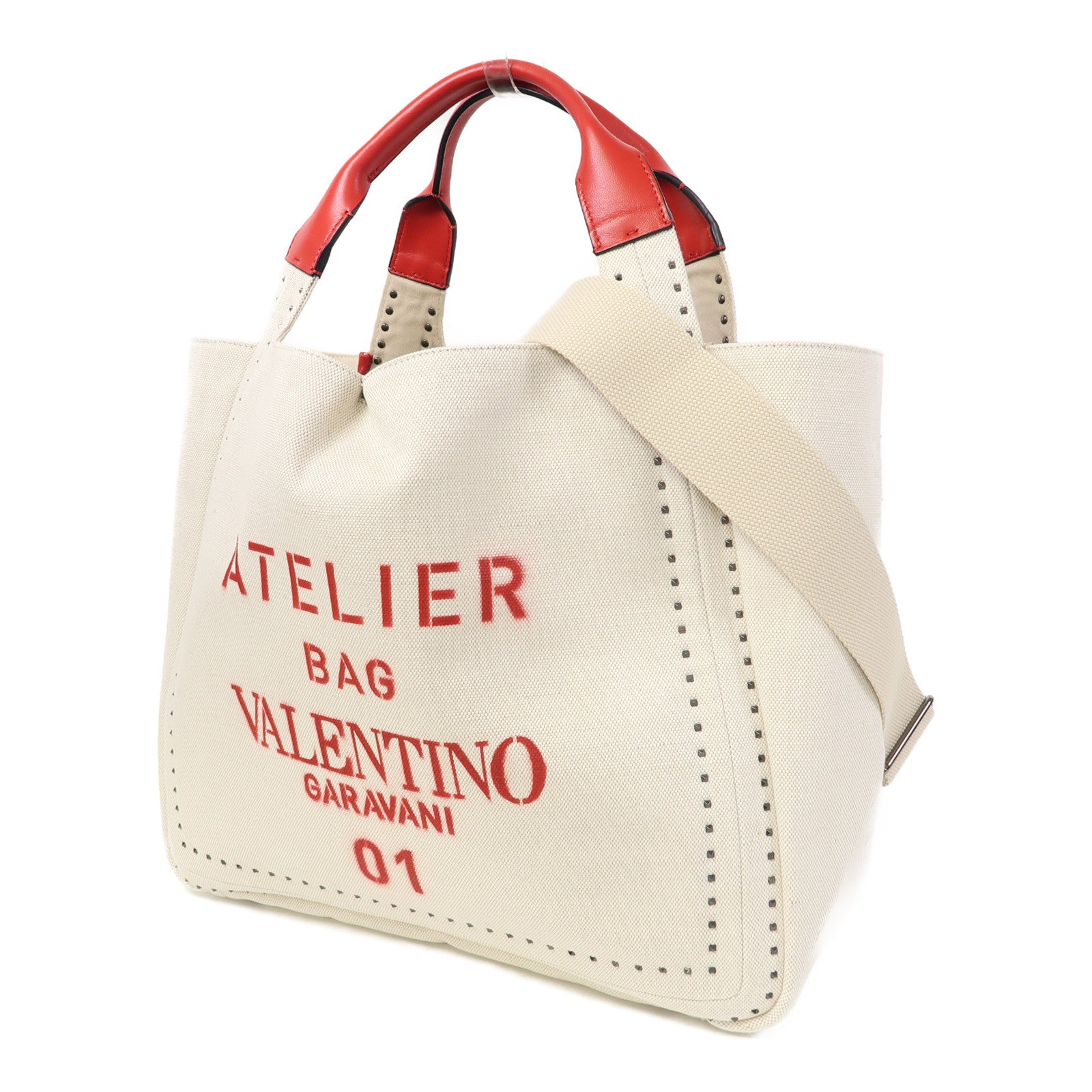 Valentino 帆布Garavani Atelier Bag 01 Metal Stitch Edition手挽肩背兩用袋米白色