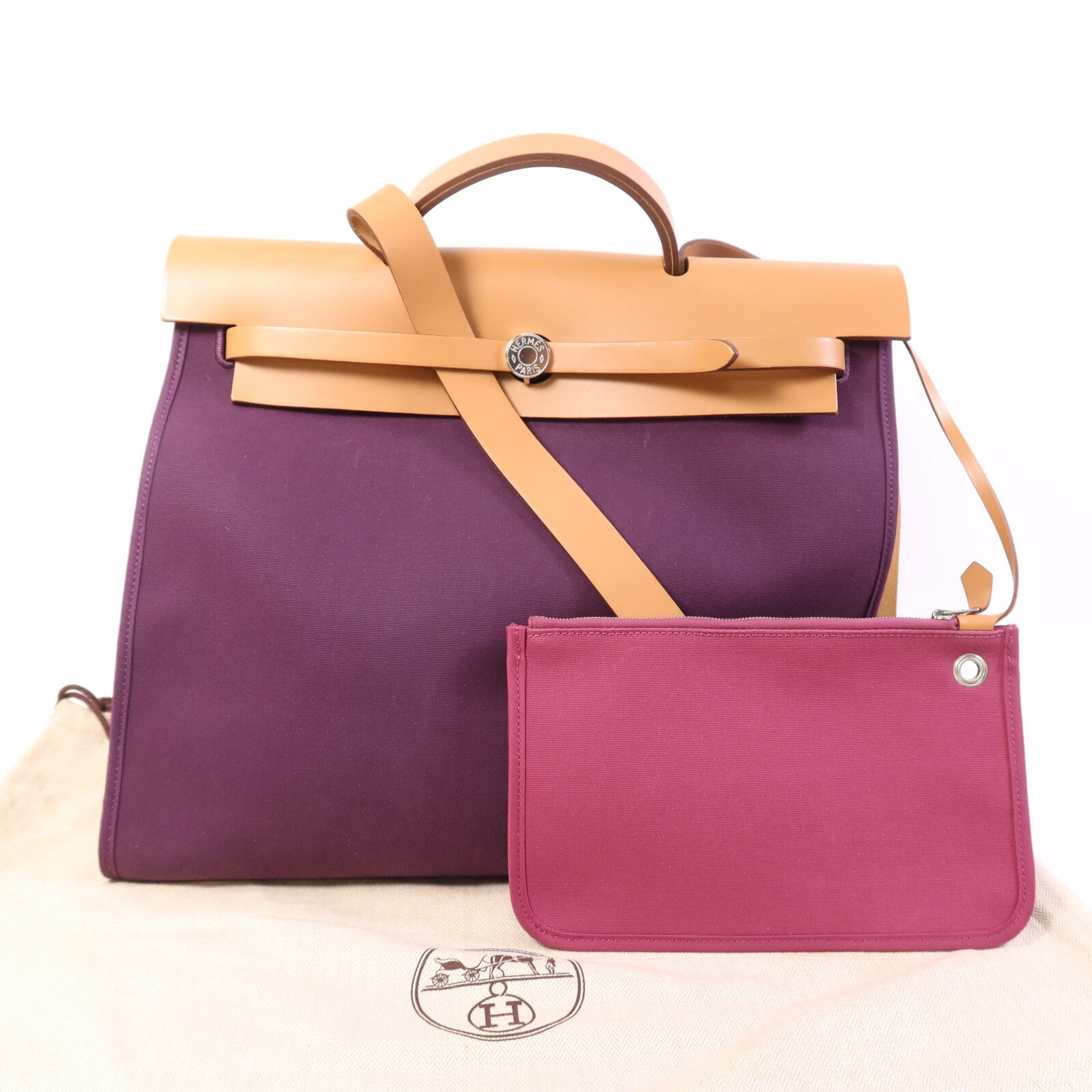 HERMES 帆布Herbag MM銀扣手挽肩背兩用袋Anemone/Gold