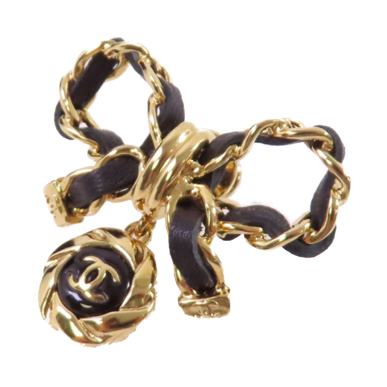 CHANEL 金屬/皮革Ribbon Brooch胸針黑色/金色