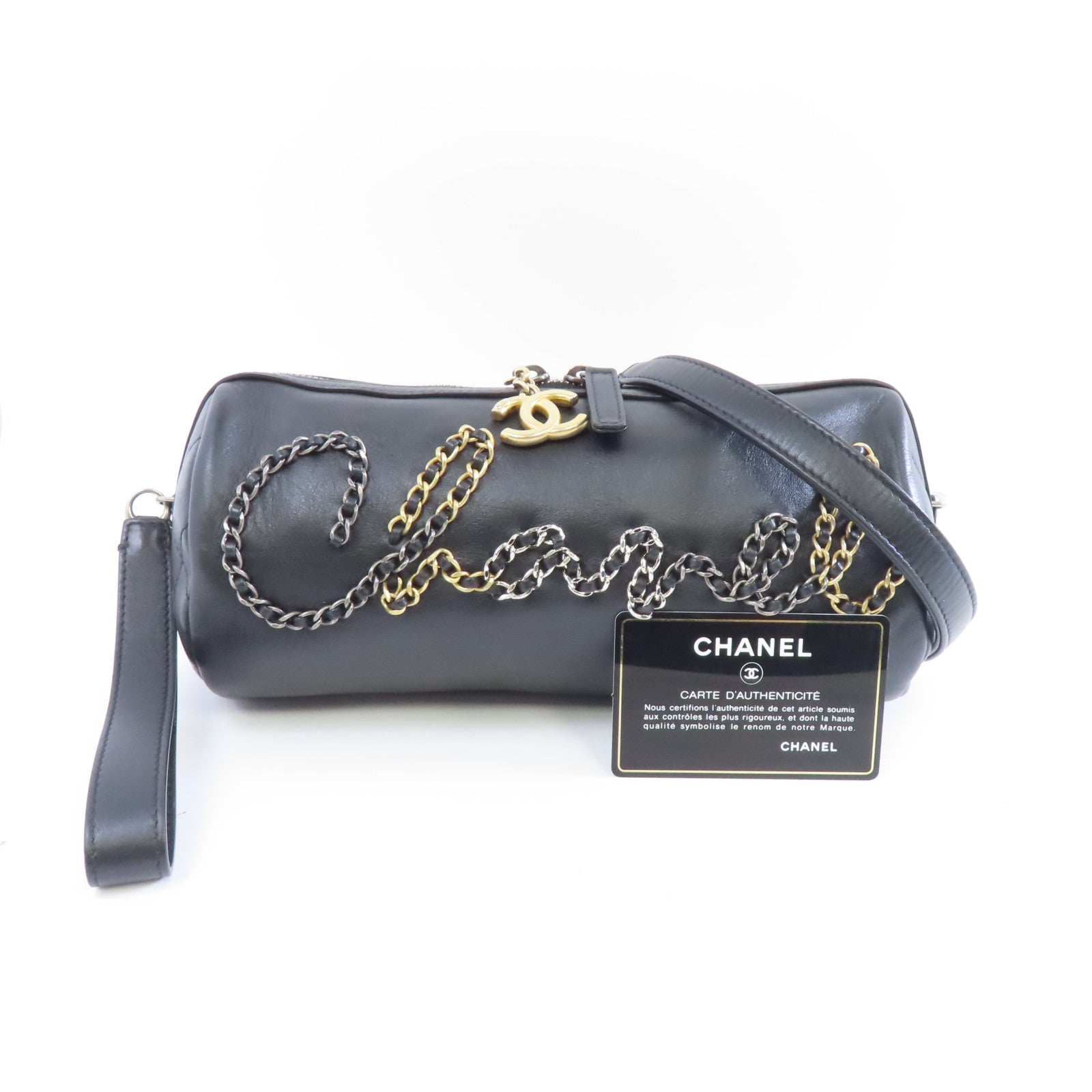 CHANEL 【激減優惠】牛皮皮革Bowling Chain Shoulder金扣鏈帶肩背袋黑色