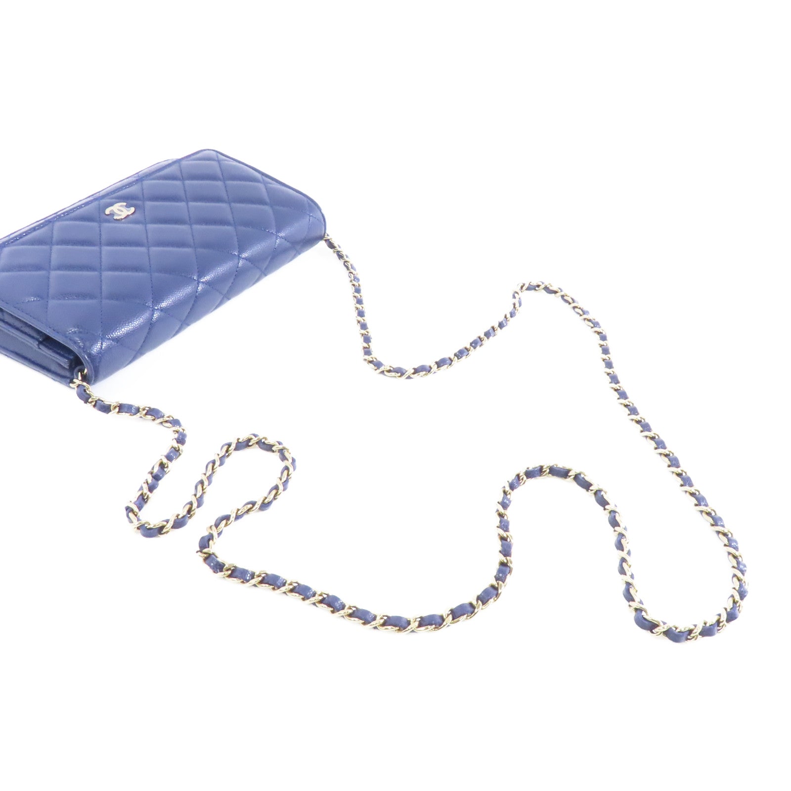 CHANEL 【激減優惠】菱格牛皮皮革WOC Wallet On Chain金扣鏈帶肩背袋深藍色