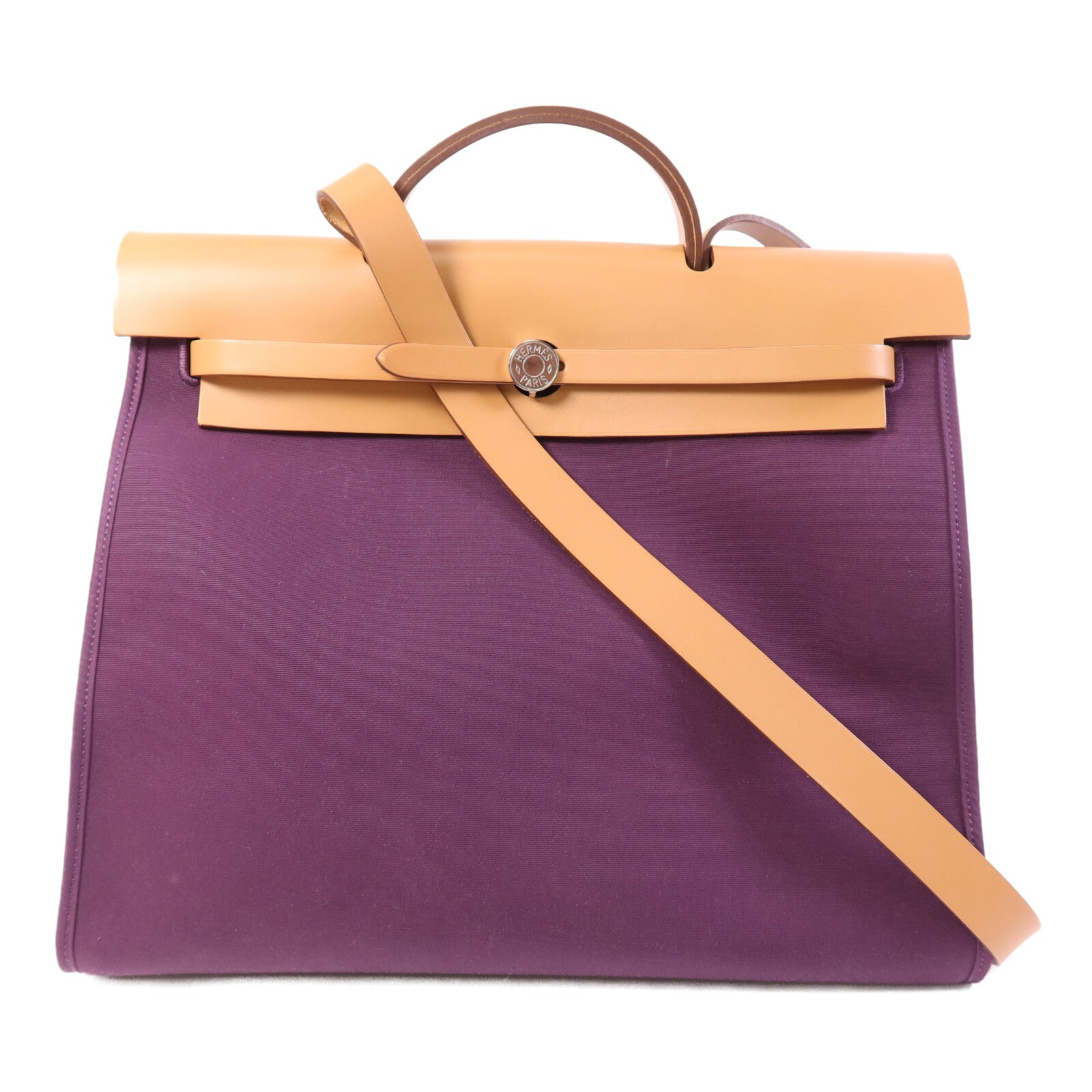 HERMES 帆布Herbag MM銀扣手挽肩背兩用袋Anemone/Gold