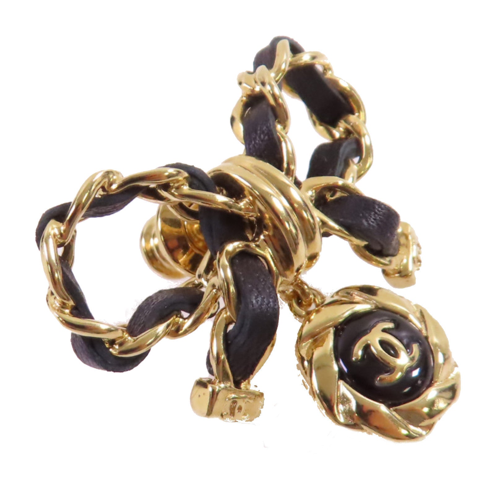 CHANEL 金屬/皮革Ribbon Brooch胸針黑色/金色