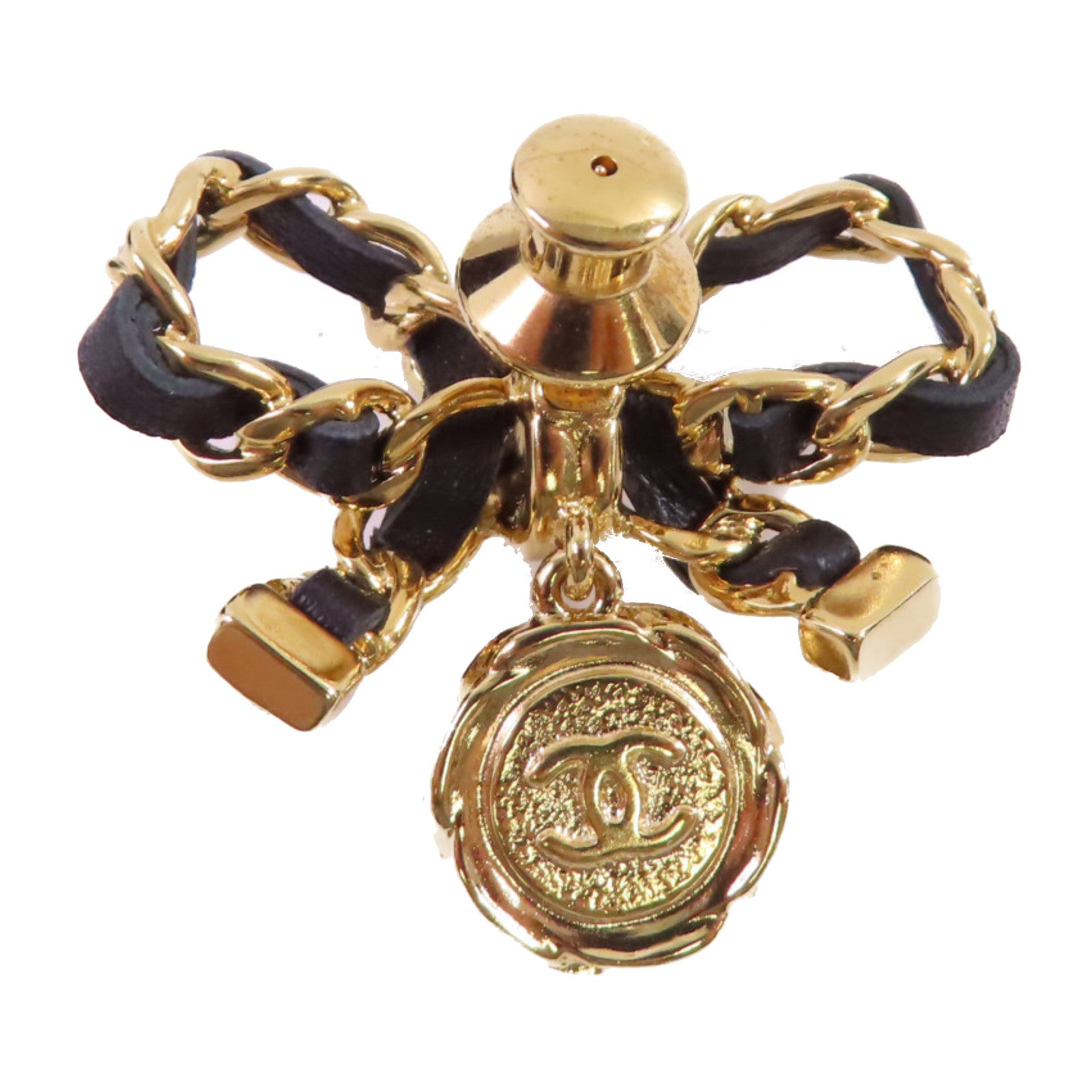 CHANEL 金屬/皮革Ribbon Brooch胸針黑色/金色