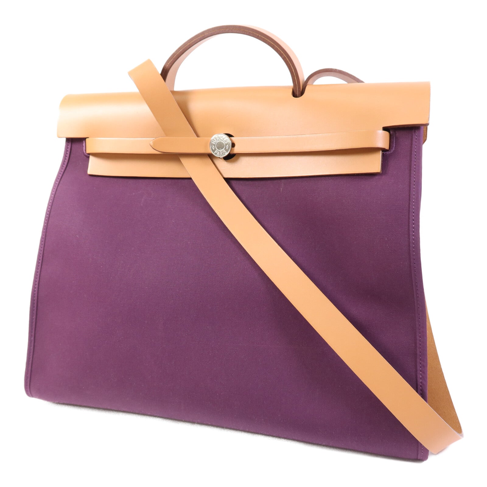 HERMES 帆布Herbag MM銀扣手挽肩背兩用袋Anemone/Gold