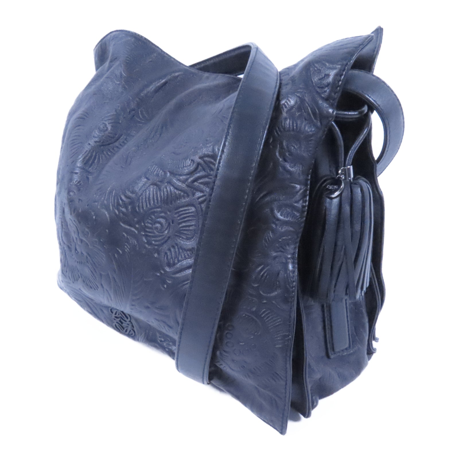 LOEWE 羊皮皮革Shoulder Bag銀扣肩背袋黑色