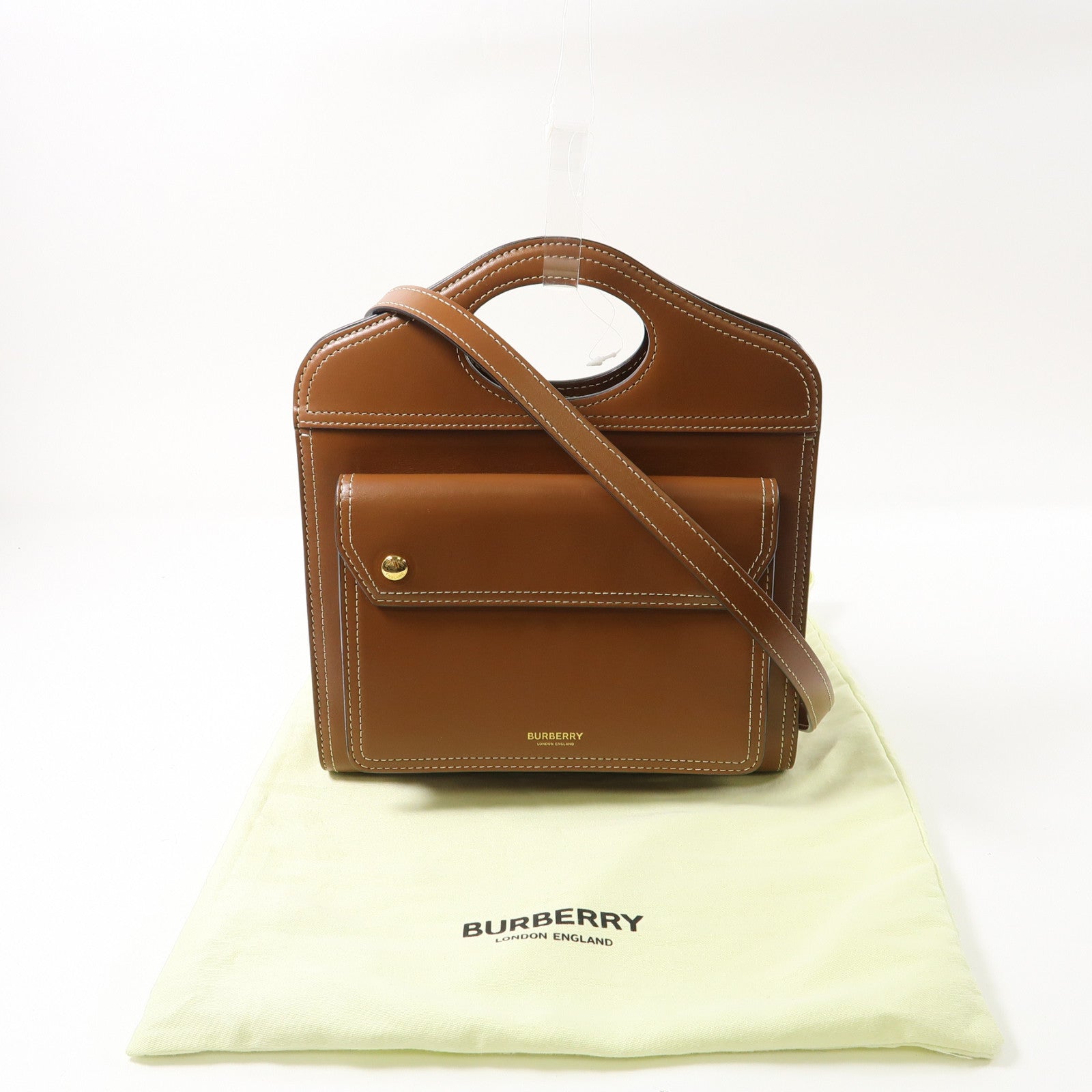BURBERRY 牛皮皮革Mini Pocket Bag金扣手挽肩背兩用袋啡色