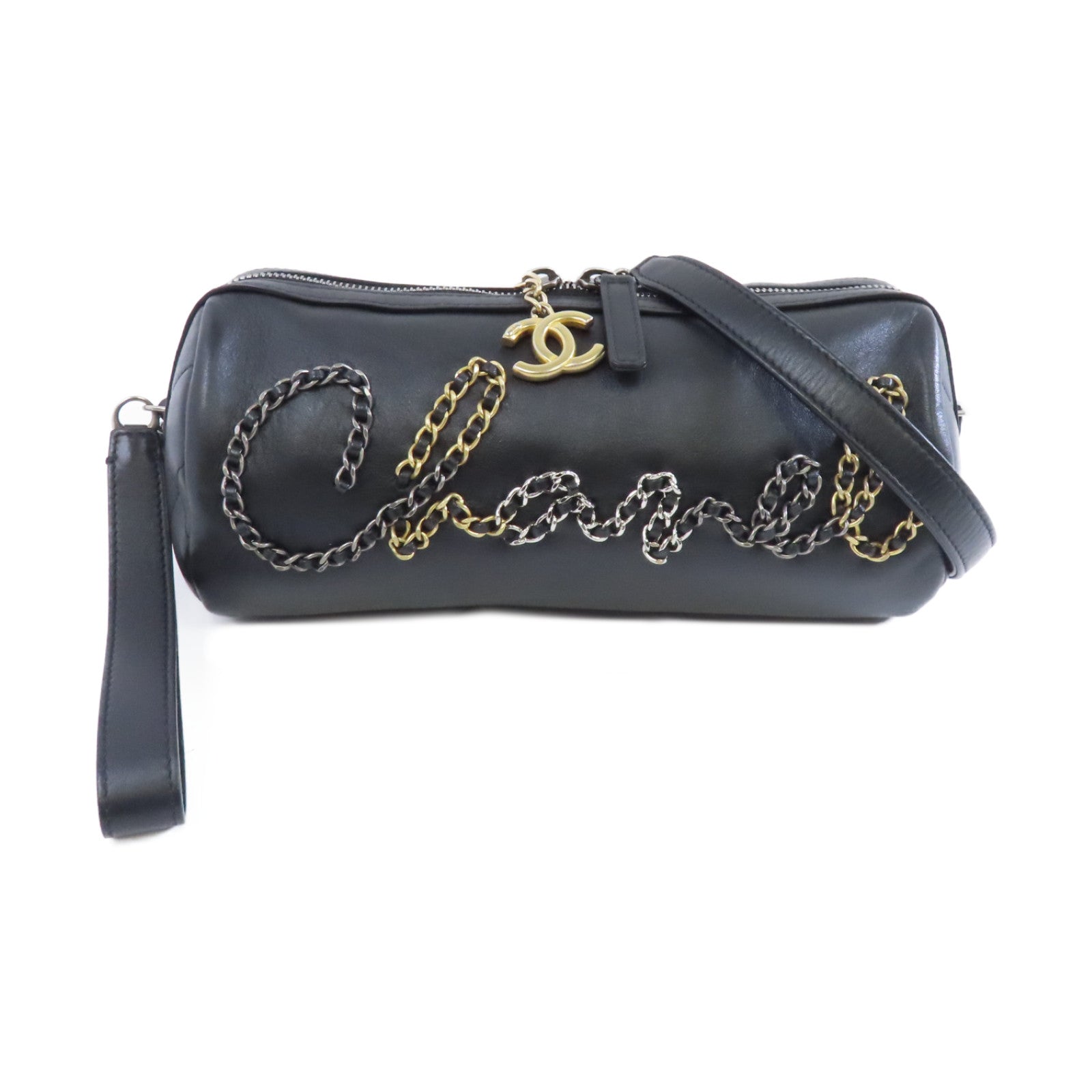 CHANEL 【激減優惠】牛皮皮革Bowling Chain Shoulder金扣鏈帶肩背袋黑色