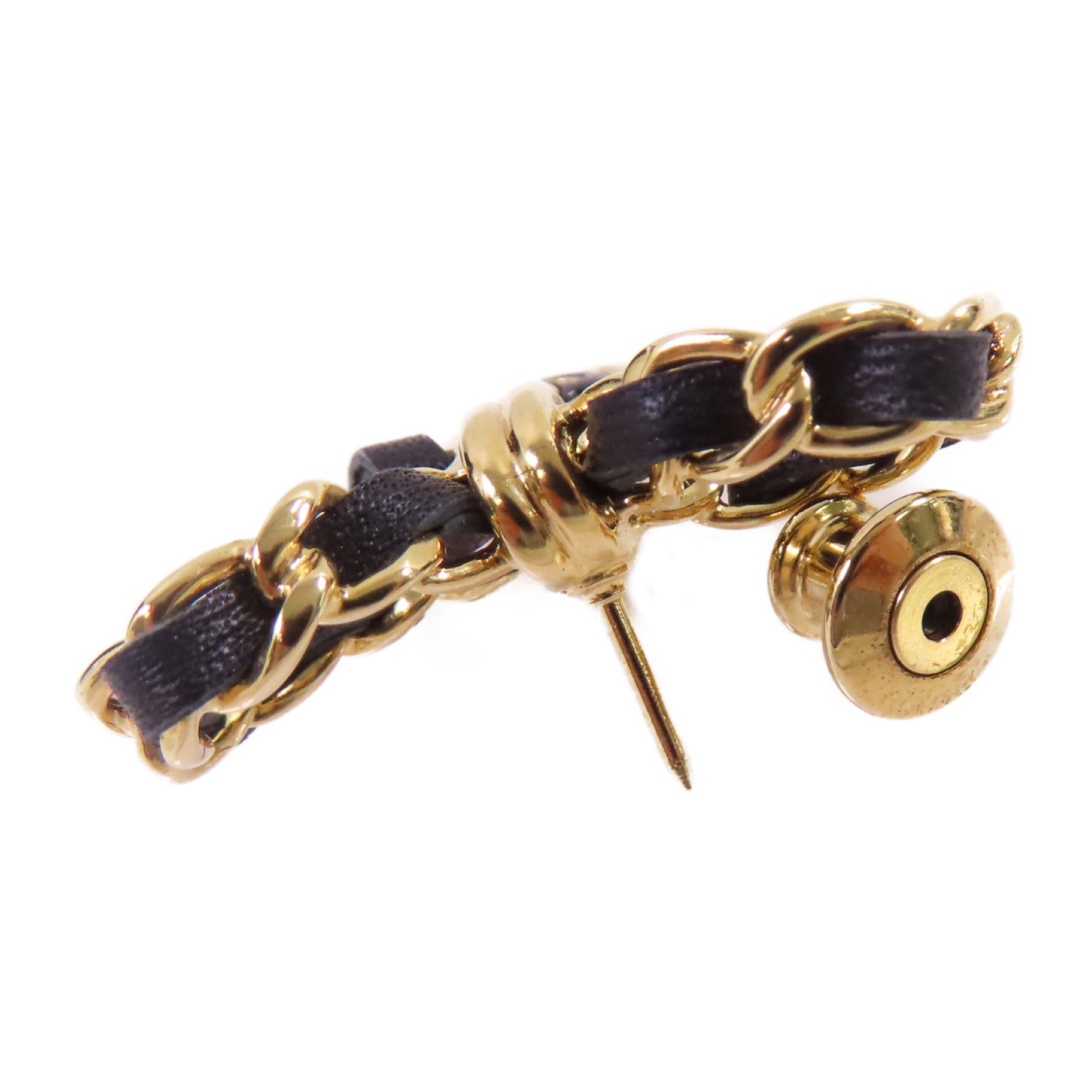 CHANEL 金屬/皮革Ribbon Brooch胸針黑色/金色