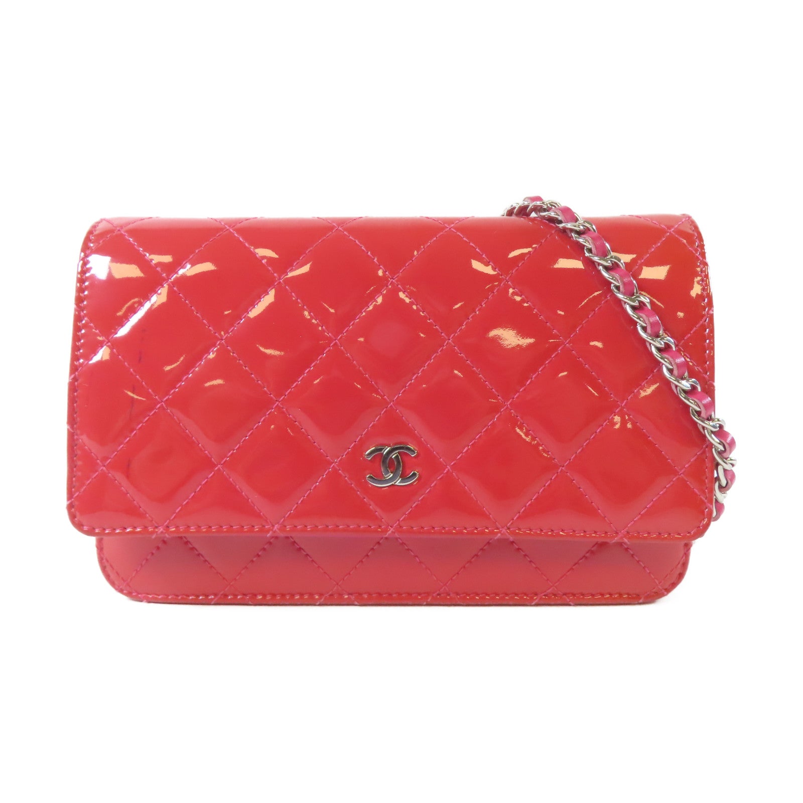 CHANEL 菱格漆皮皮革Woc Shoulder Bag銀扣鏈帶肩背袋紅色