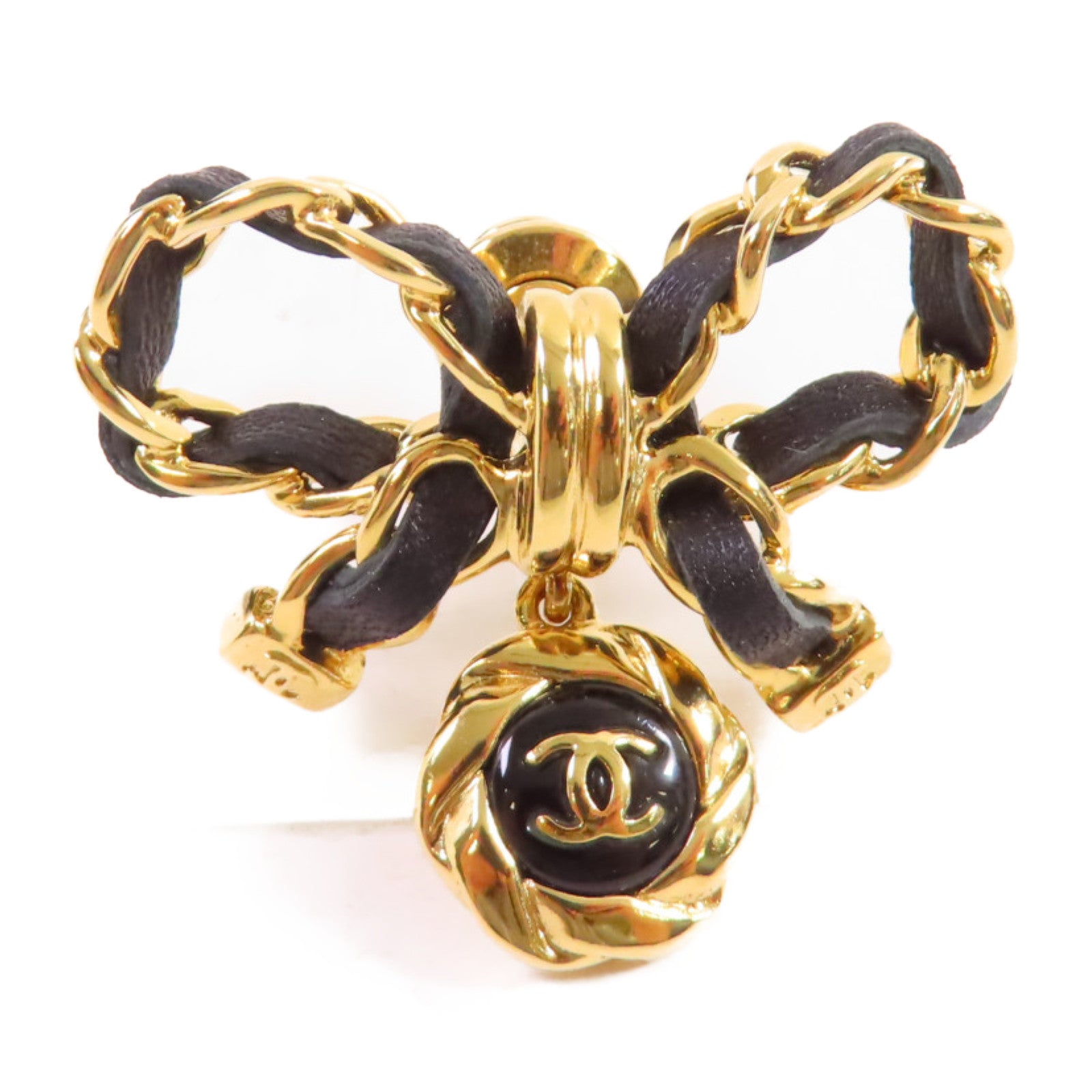 CHANEL 金屬/皮革Ribbon Brooch胸針黑色/金色