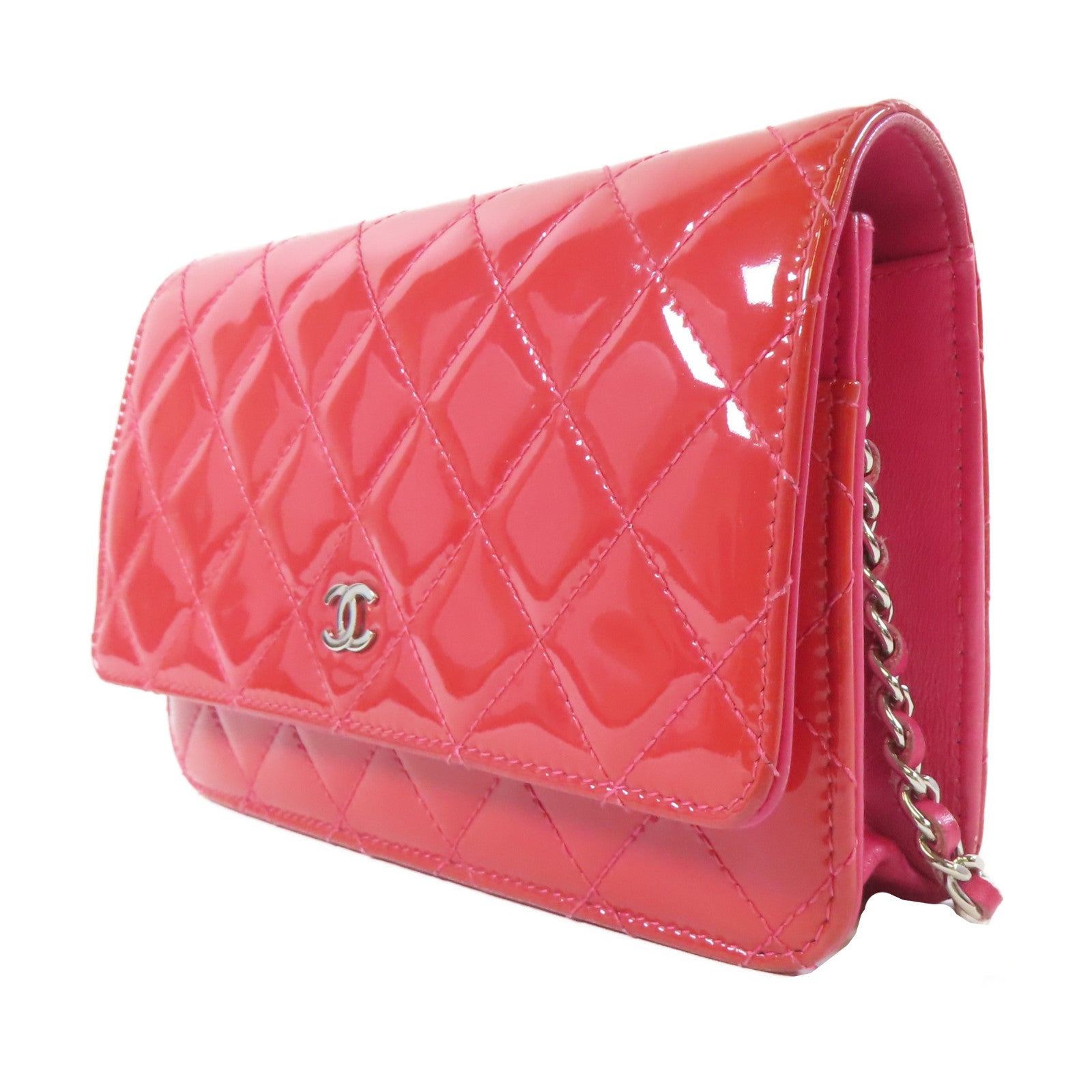 CHANEL 菱格漆皮皮革Woc Shoulder Bag銀扣鏈帶肩背袋紅色