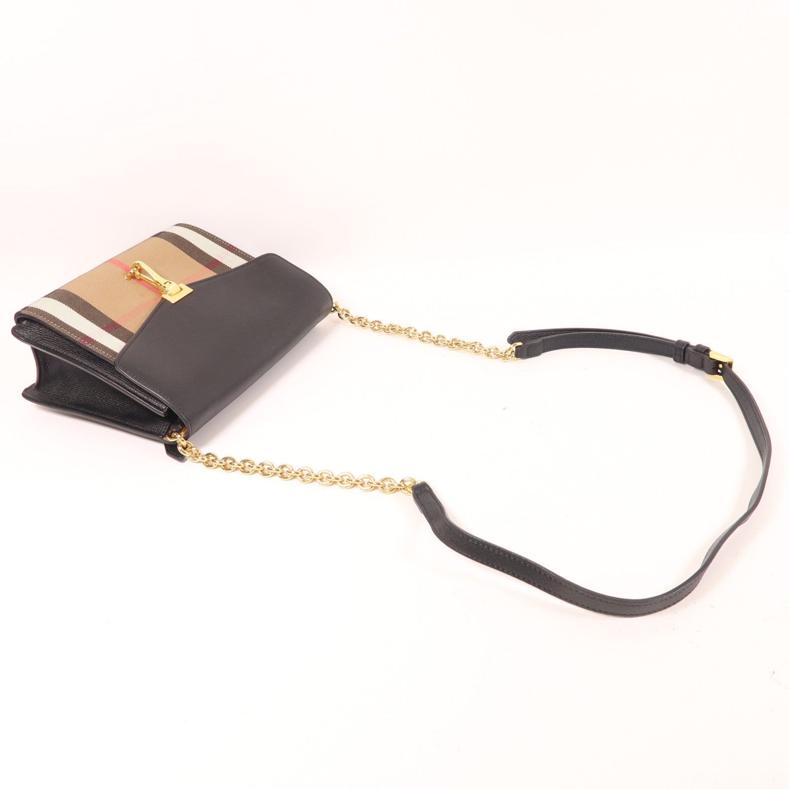 BURBERRY 帆布/皮革Chain Shoulder金扣鏈帶肩背袋黑色/棕色