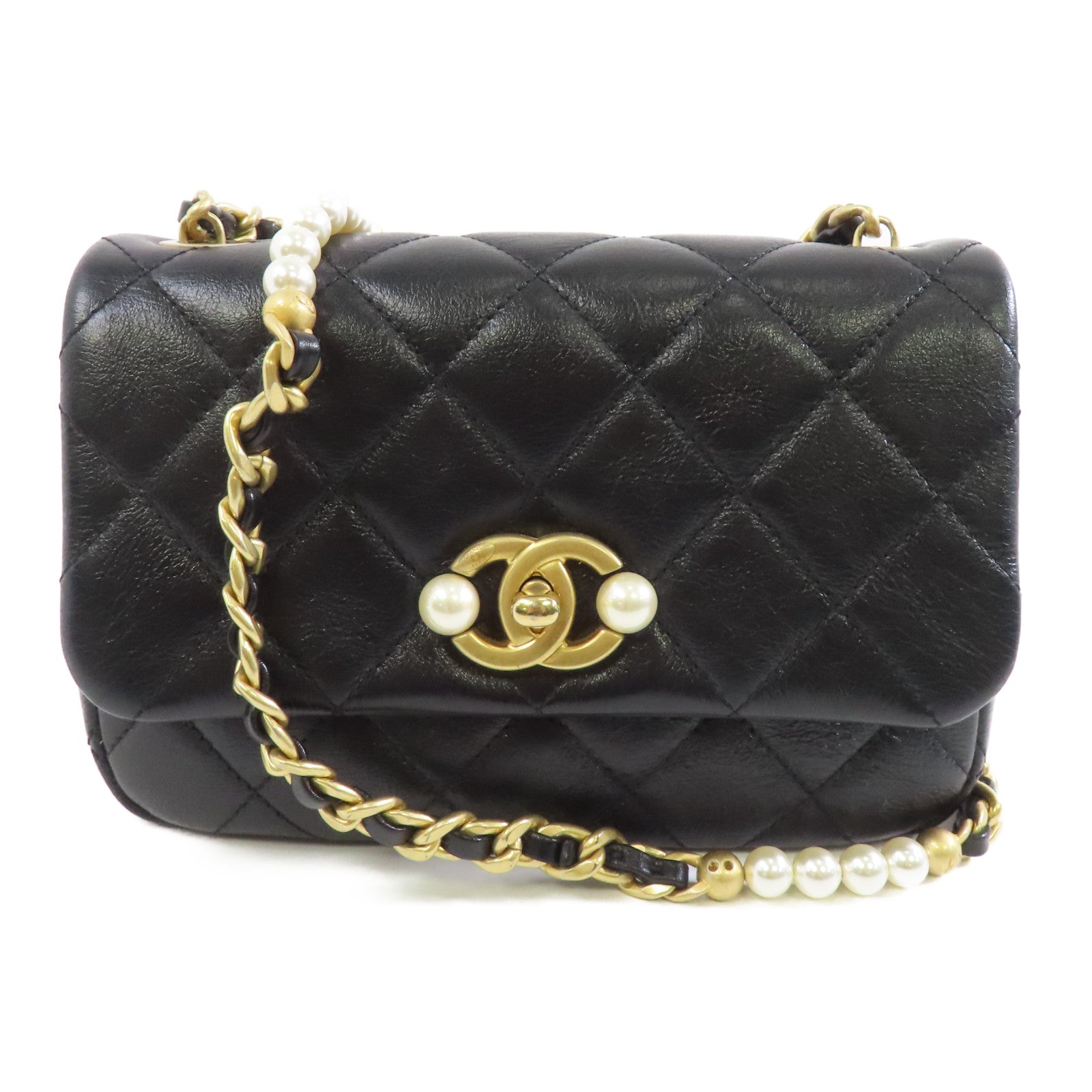 CHANEL 菱格皮革Chain Shoulder金扣鏈帶肩背袋黑色