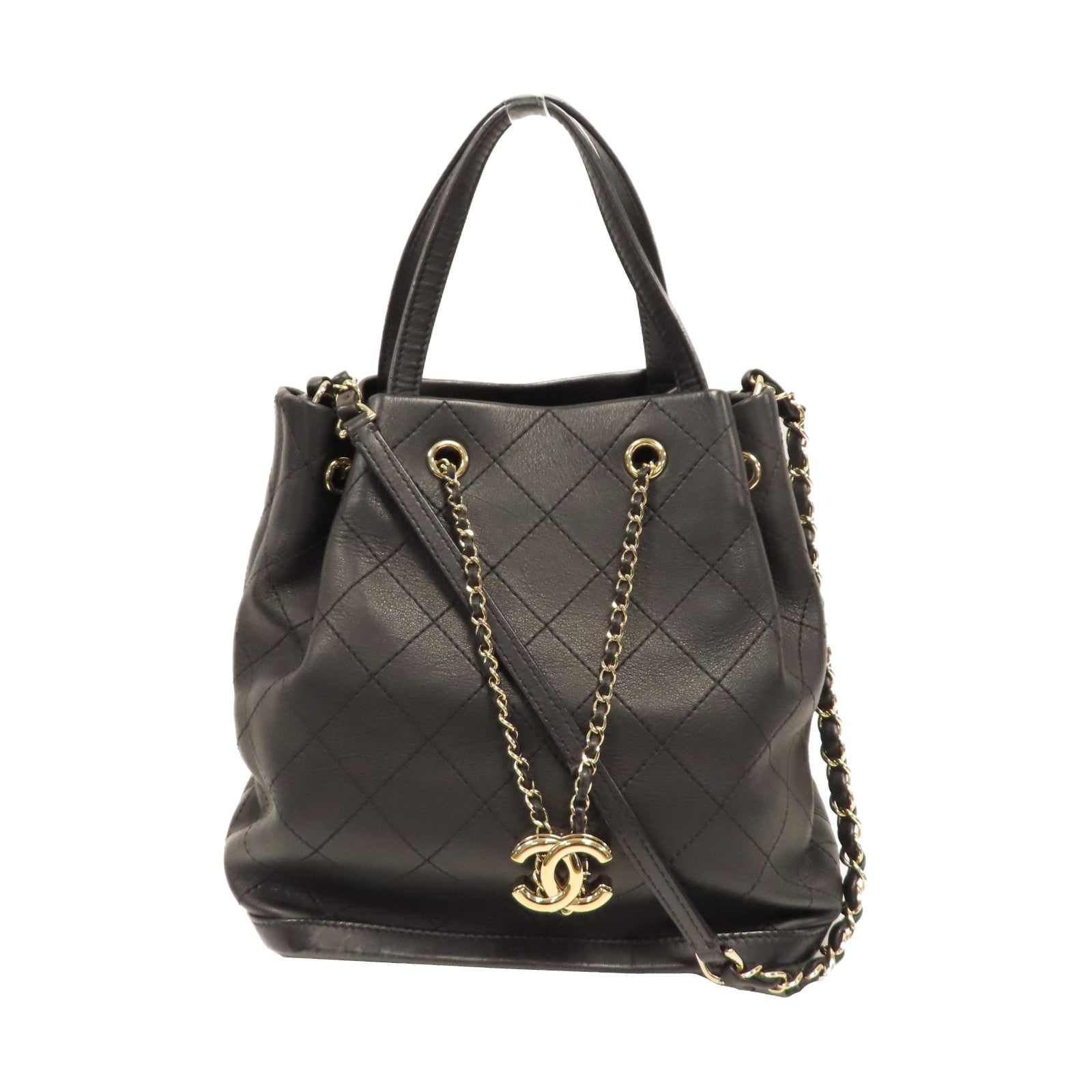 CHANEL 菱格牛皮皮革Chain Shoulder金扣手挽肩背兩用袋黑色