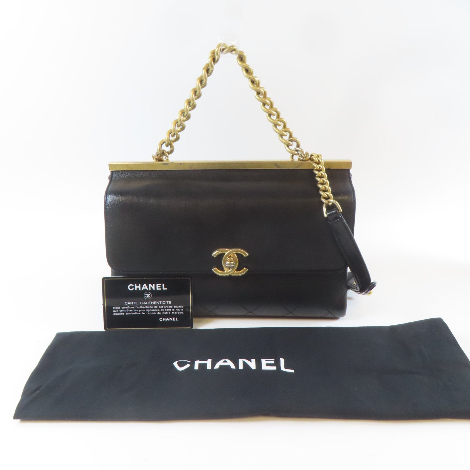CHANEL 【激減優惠】菱格牛皮皮革Chain Shoulder金扣手挽肩背兩用袋黑色