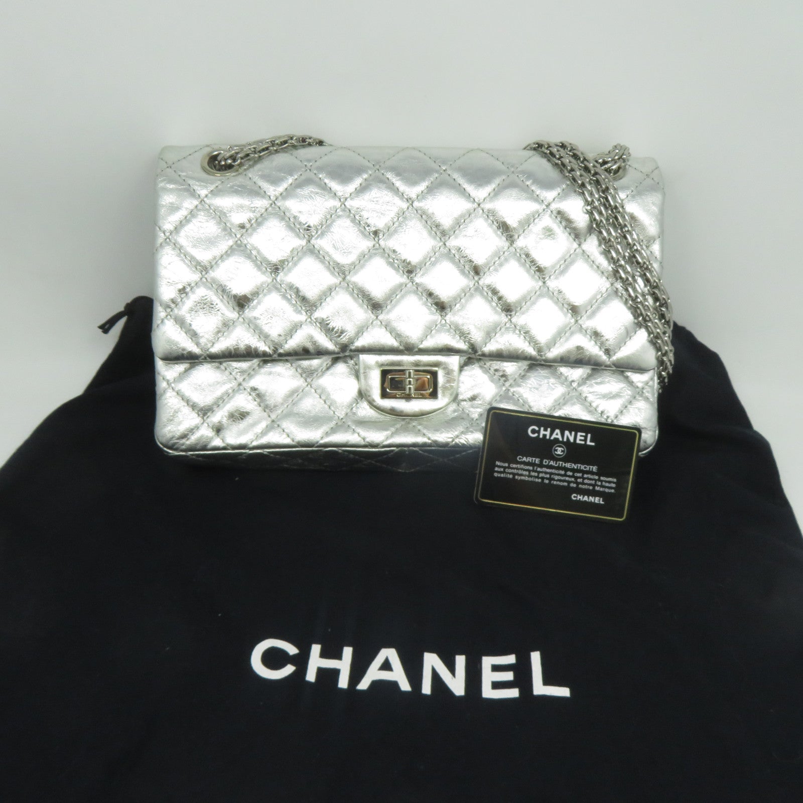 CHANEL 【清倉大減價】菱格牛皮皮革Chain Shoulder銀扣鏈帶肩背袋銀色