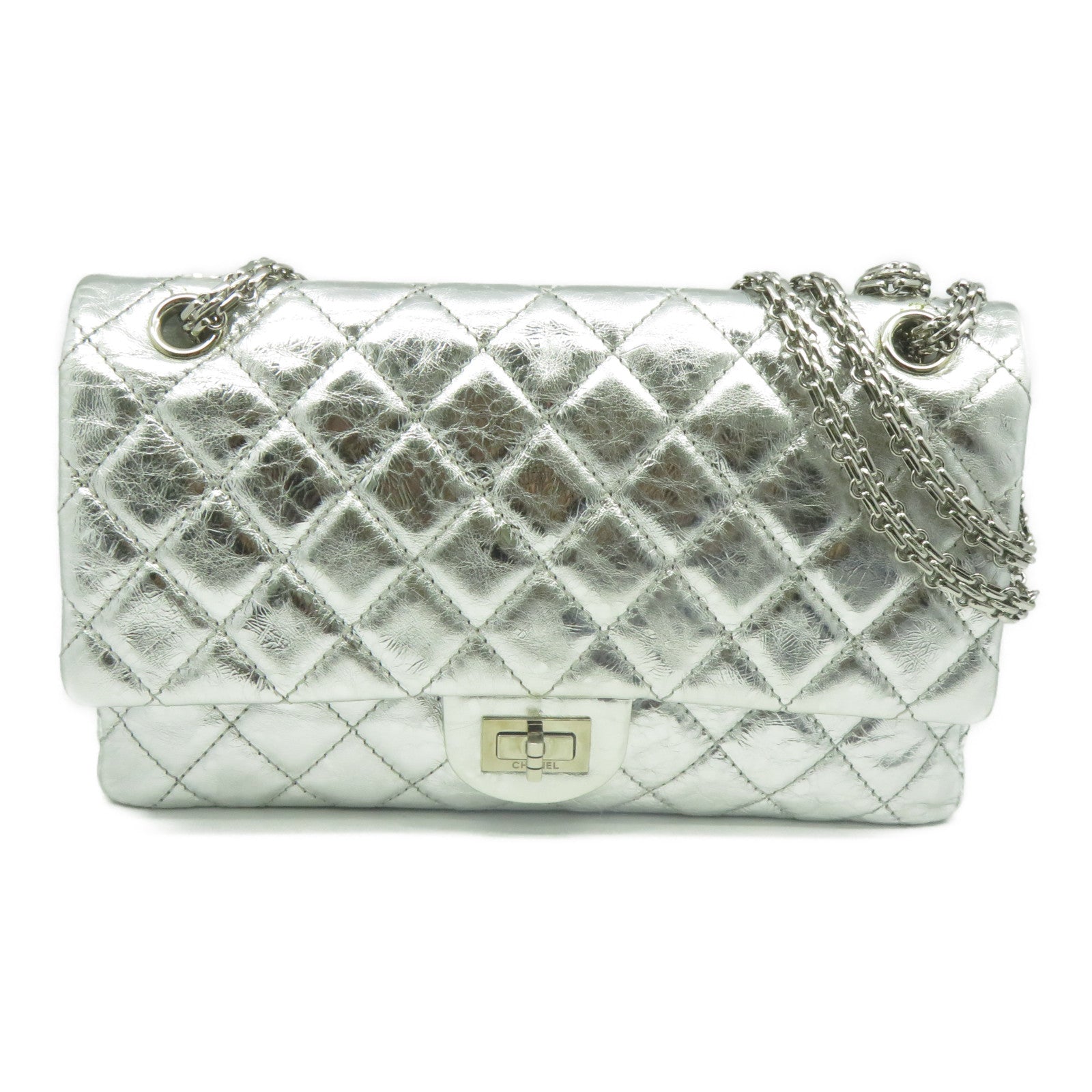 CHANEL 【清倉大減價】菱格牛皮皮革Chain Shoulder銀扣鏈帶肩背袋銀色