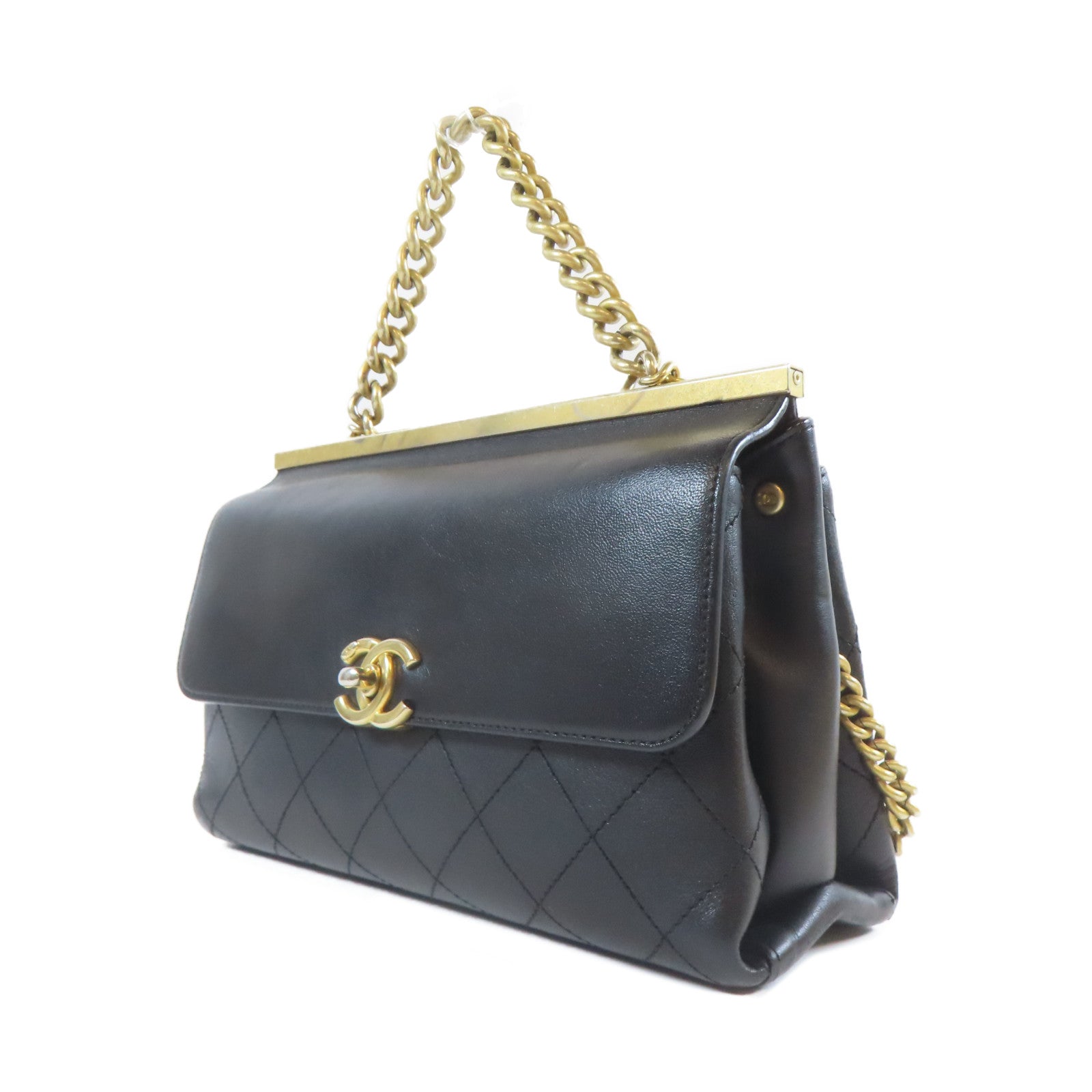 CHANEL 【激減優惠】菱格牛皮皮革Chain Shoulder金扣手挽肩背兩用袋黑色