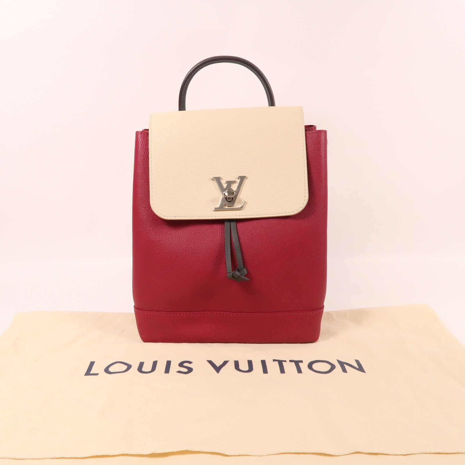 LOUIS VUITTON 皮革Lockme銀扣背包米色/紅色