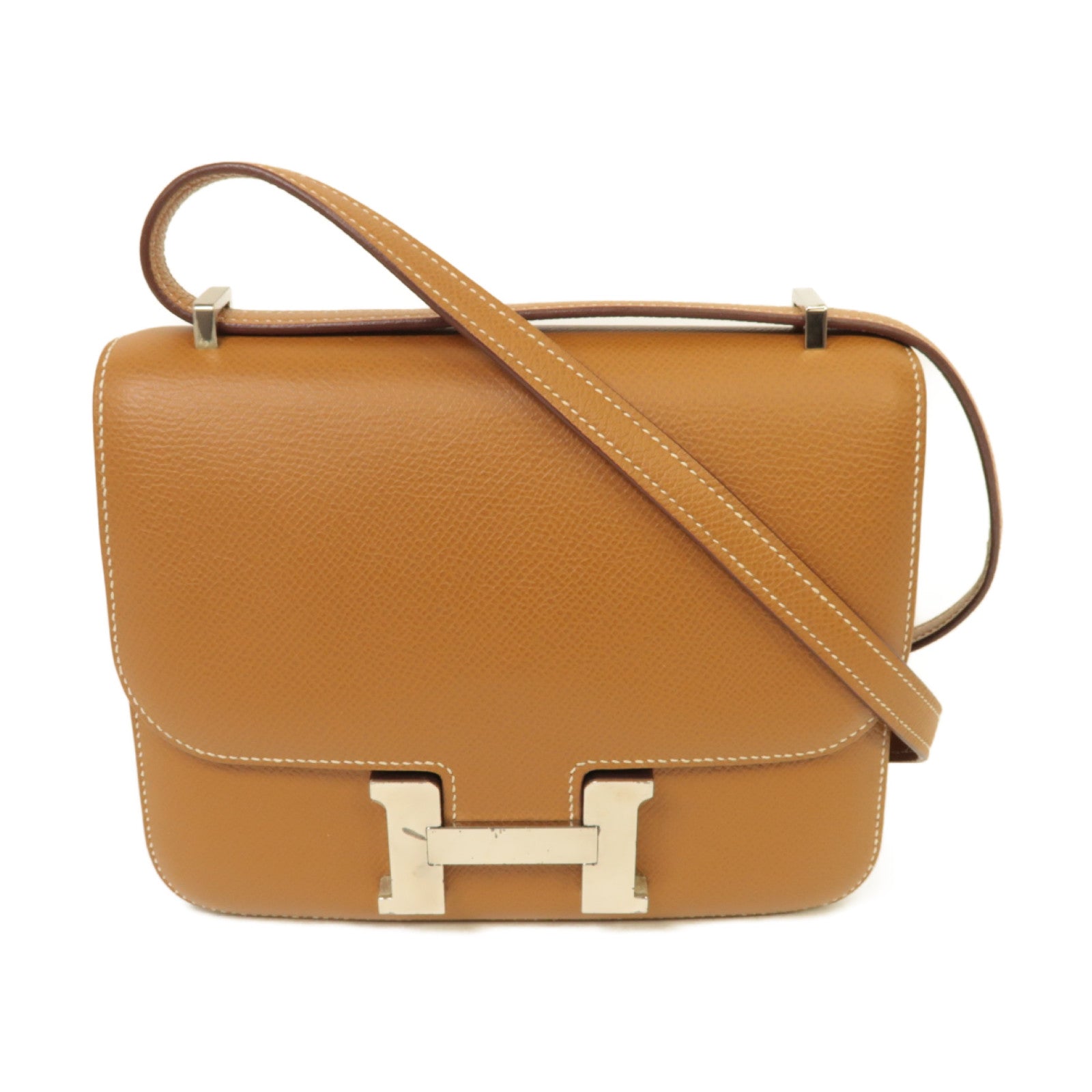 HERMES 【激減優惠】Epsom皮革Mini Constance銀扣肩背袋棕色