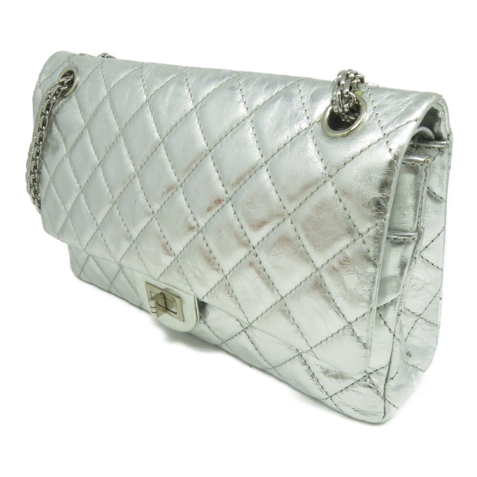 CHANEL 【清倉大減價】菱格牛皮皮革Chain Shoulder銀扣鏈帶肩背袋銀色