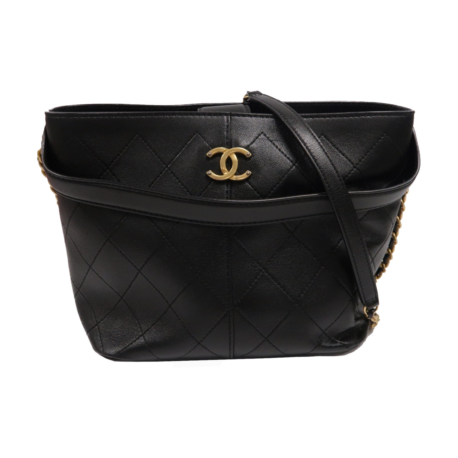CHANEL 菱格Caviar皮革Bucket Bag金扣手挽肩背兩用袋黑色