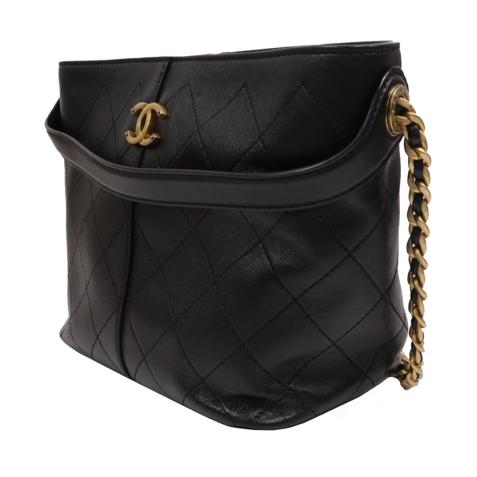 CHANEL 菱格Caviar皮革Bucket Bag金扣手挽肩背兩用袋黑色