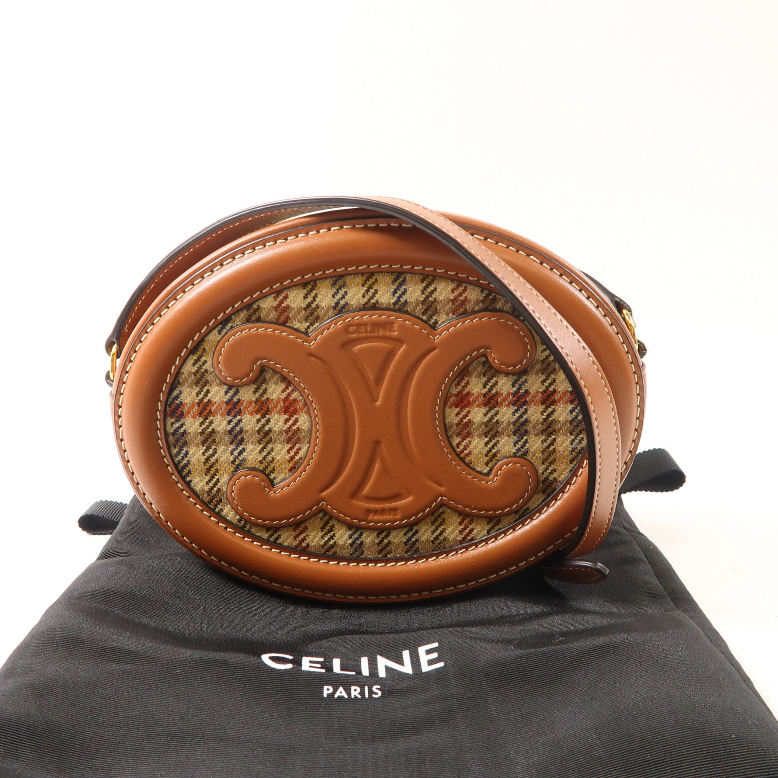 CELINE 牛皮皮革/帆布Triomphe金扣肩背袋啡色