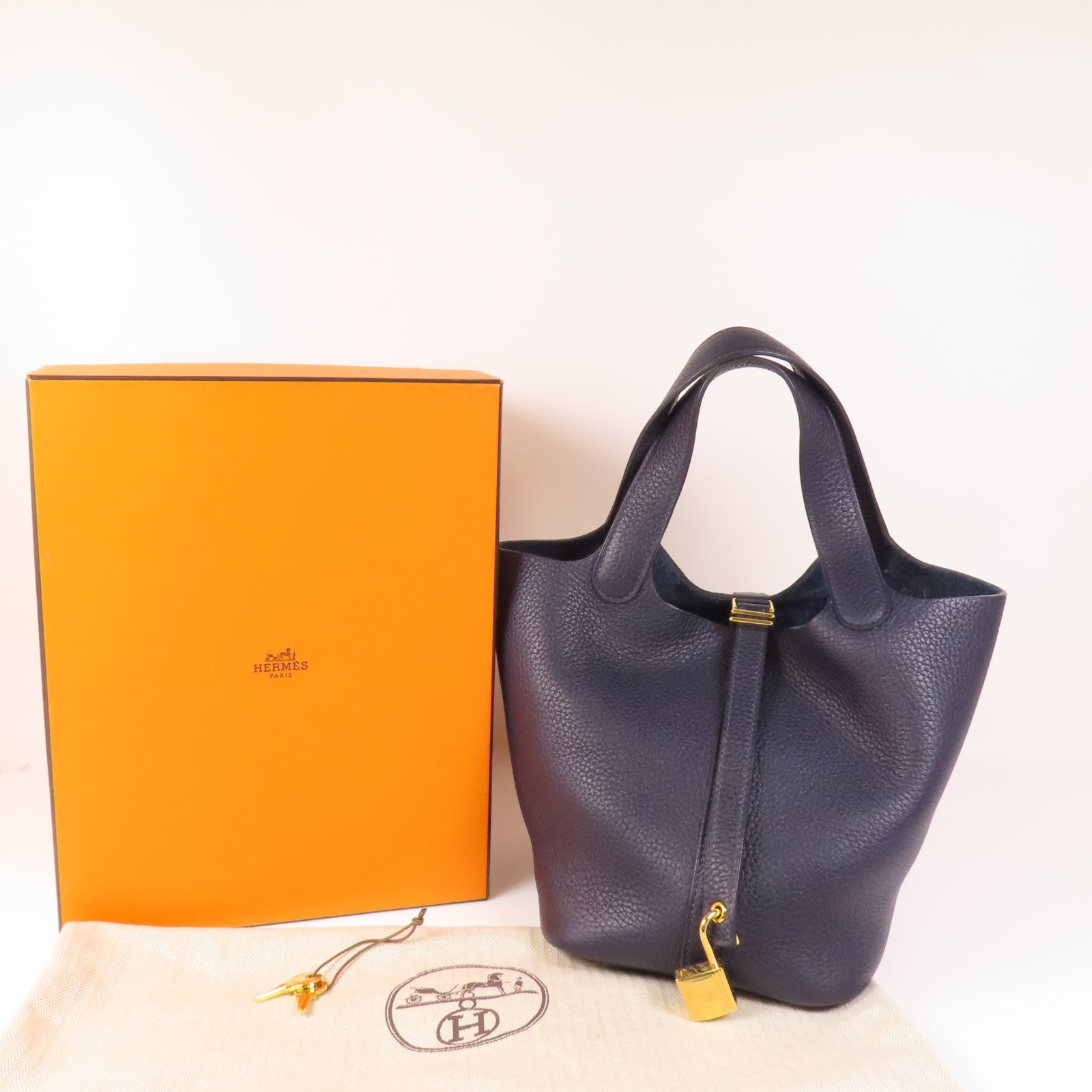 HERMES Clemence皮革Picotin PM金扣手挽袋Bleu Nuit