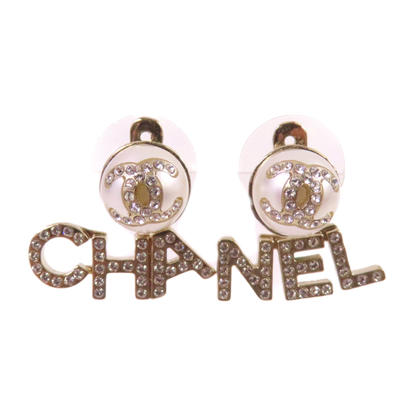CHANEL 金屬/仿珍珠/水鑽CC Earrings金扣耳環白色/金色