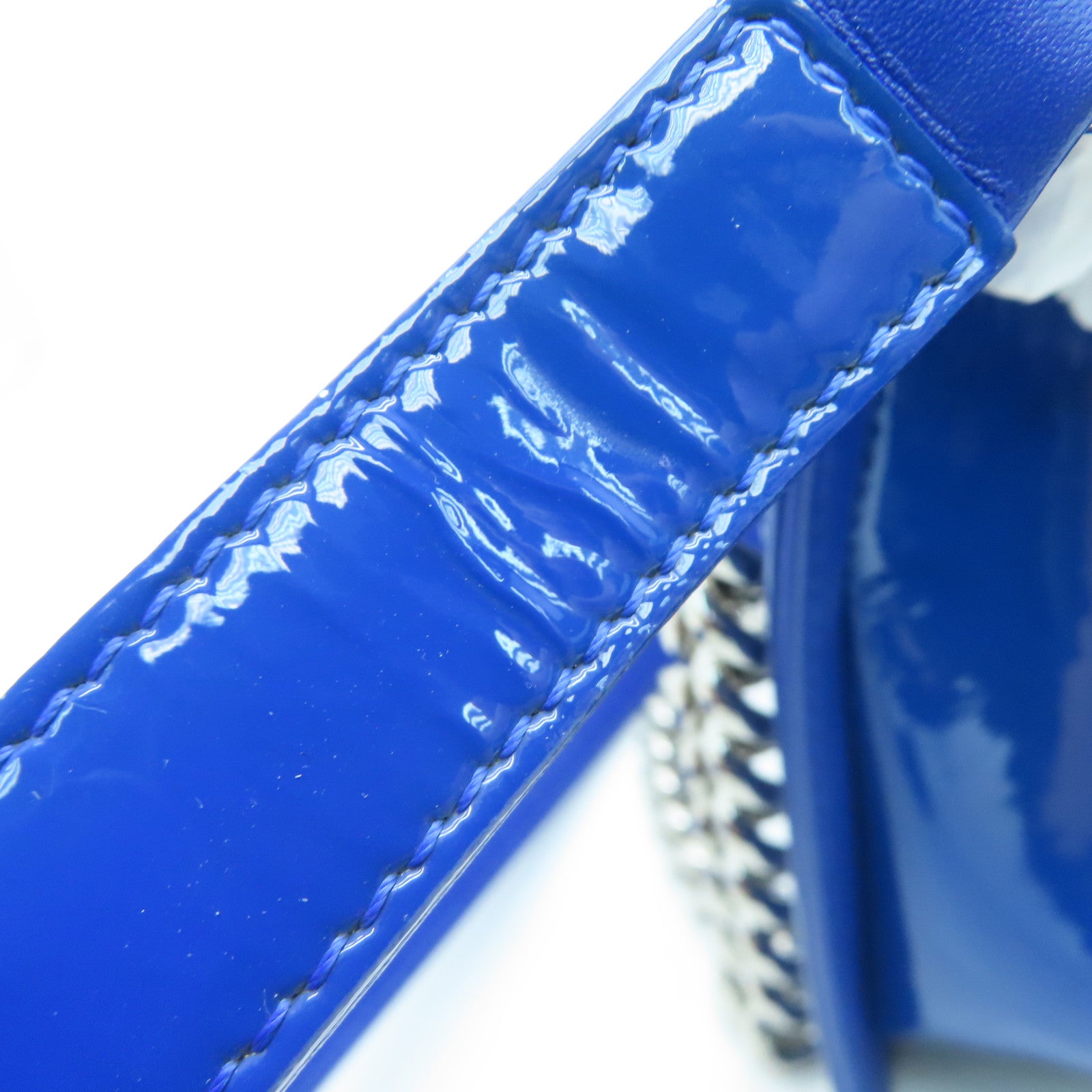 CHANEL Diamond Patent Leather Chanel Boy 25cm Silver Buckle Chain Shoulder Bag Blue