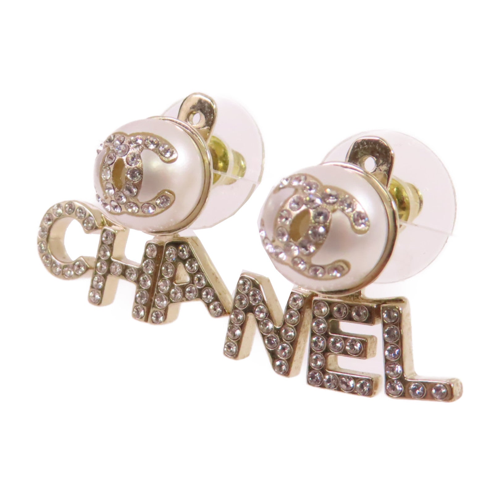 CHANEL 金屬/仿珍珠/水鑽CC Earrings金扣耳環白色/金色