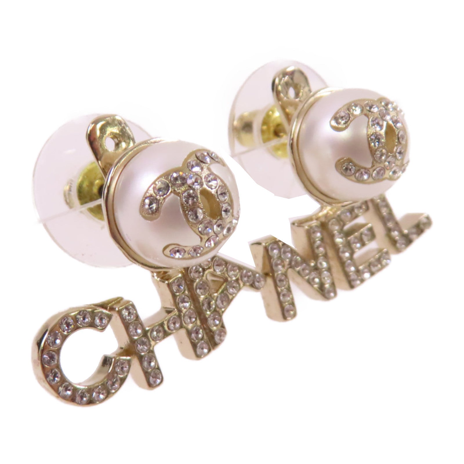 CHANEL 金屬/仿珍珠/水鑽CC Earrings金扣耳環白色/金色