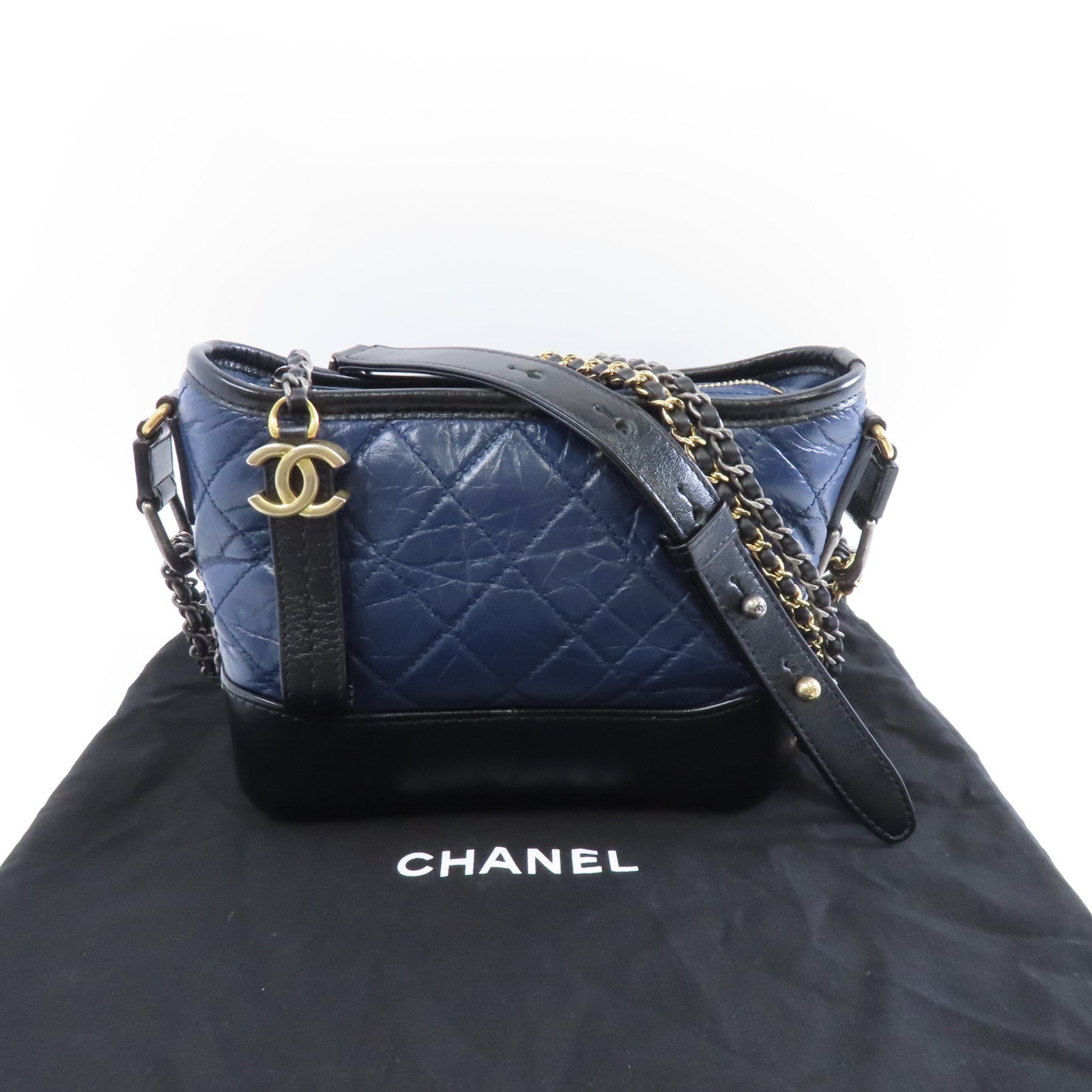 CHANEL 【激減優惠】菱格牛皮皮革Gabrielle金扣鏈帶肩背袋藍色/黑色