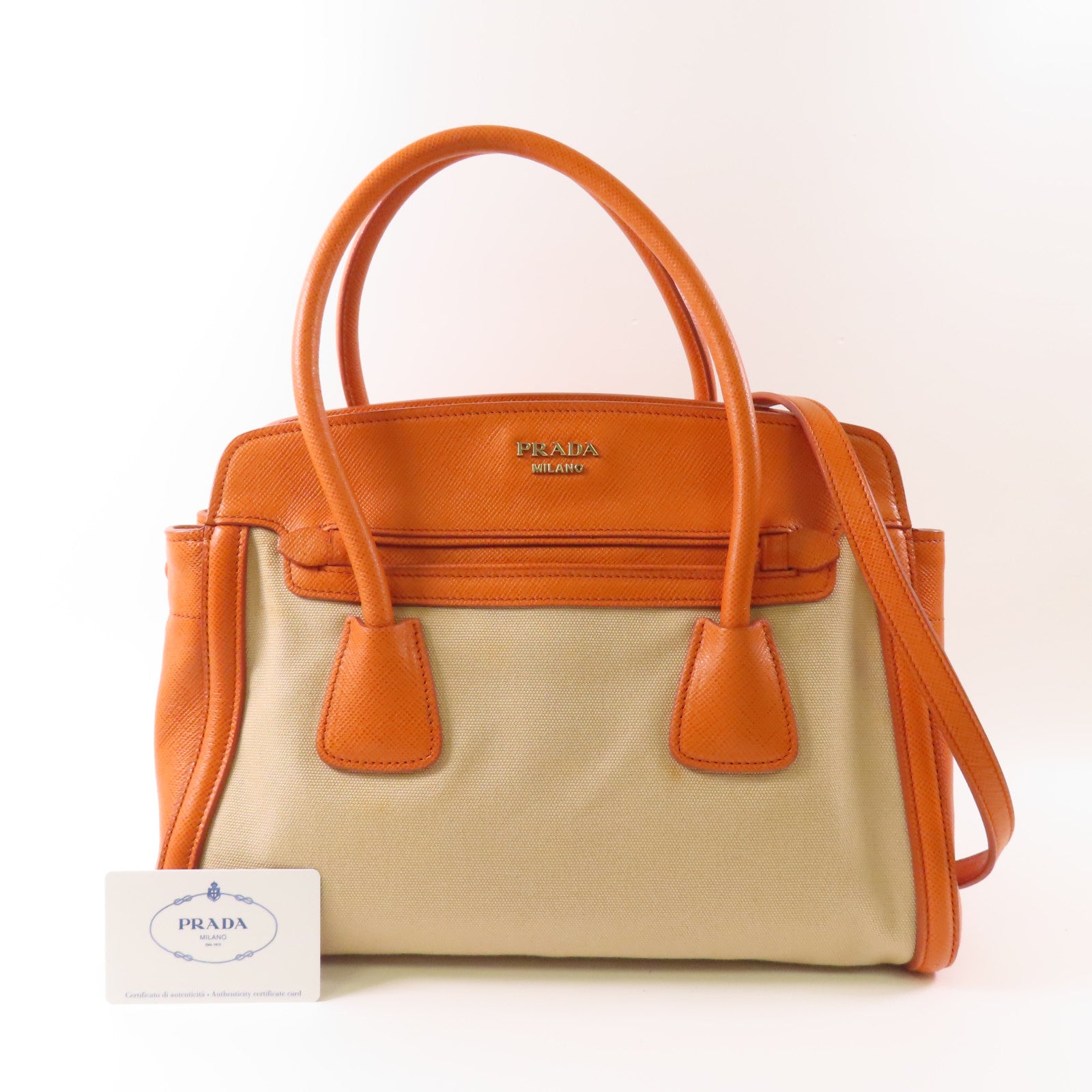 PRADA GHW 2 Way Shoulder Bag Handbag BN2595 Canvas Leather Beige Orange