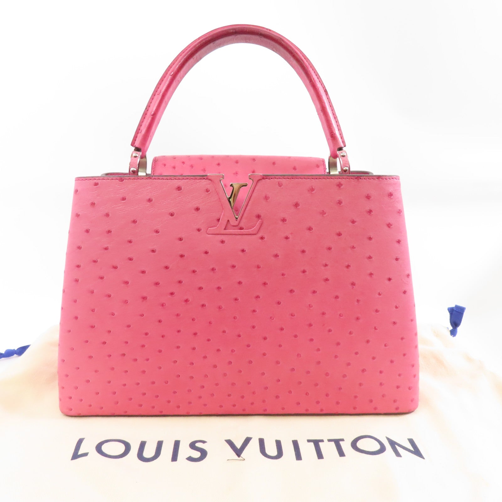 LOUIS VUITTON 鴕鳥皮革Capucines MM銀扣手挽袋Fuchsia粉紅色