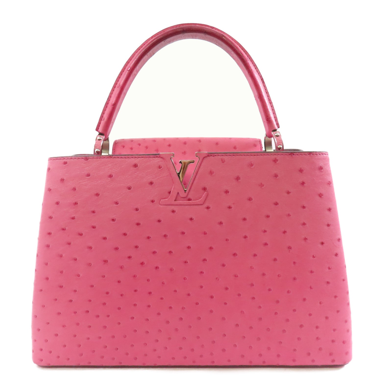 LOUIS VUITTON 鴕鳥皮革Capucines MM銀扣手挽袋Fuchsia粉紅色