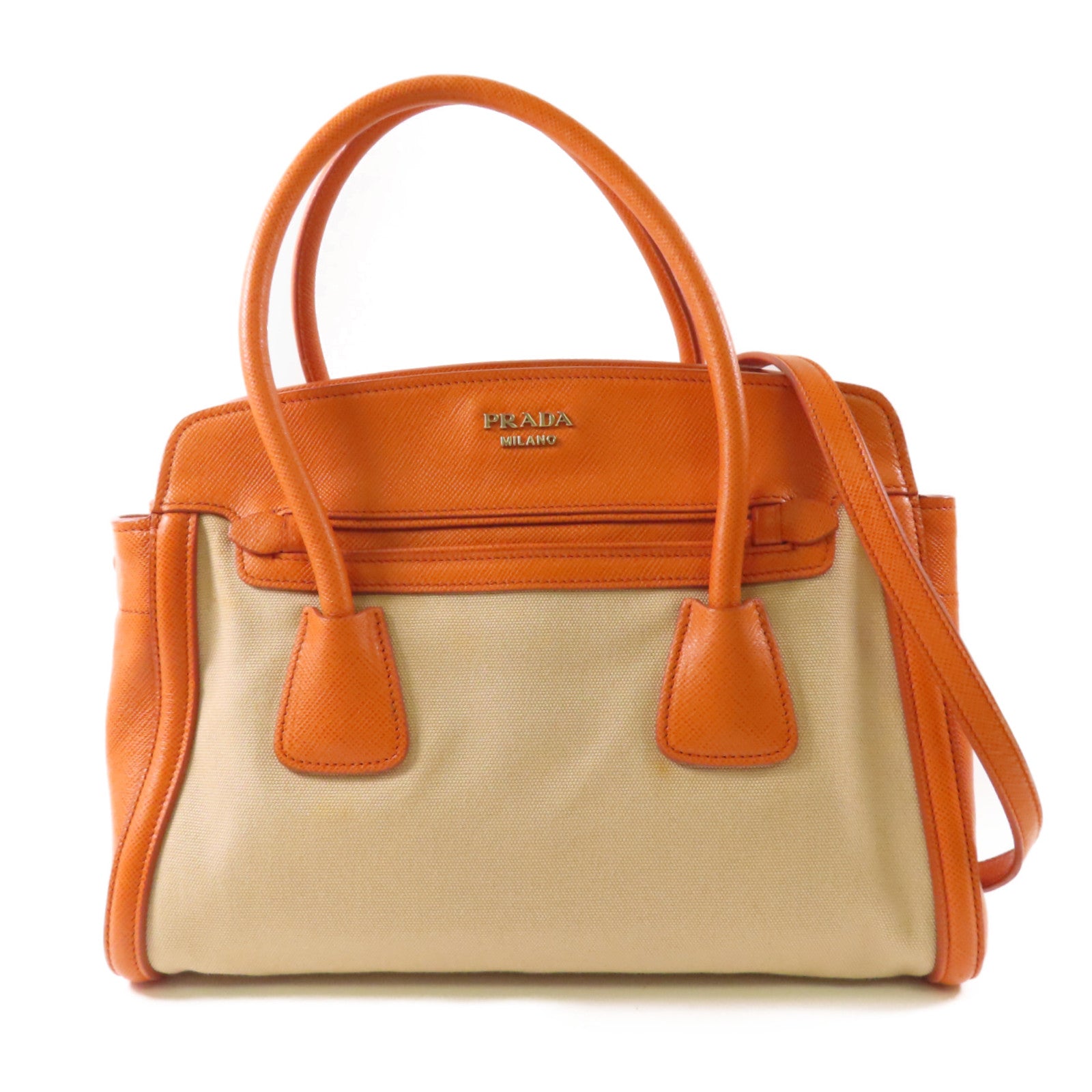 PRADA GHW 2 Way Shoulder Bag Handbag BN2595 Canvas Leather Beige Orange