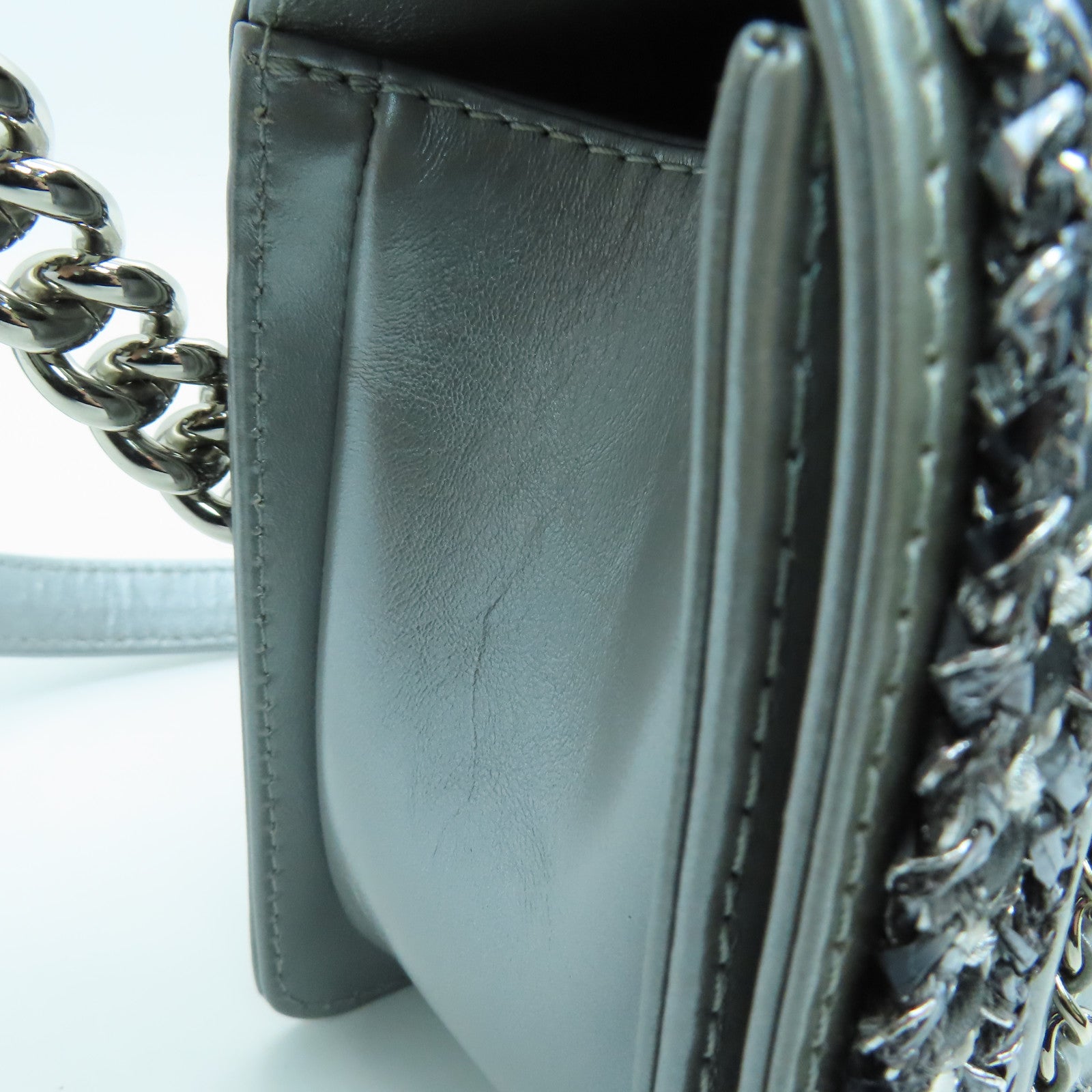 CHANEL 牛皮皮革Boy 25 Chain Shoulder鏈條銀扣肩背袋灰色