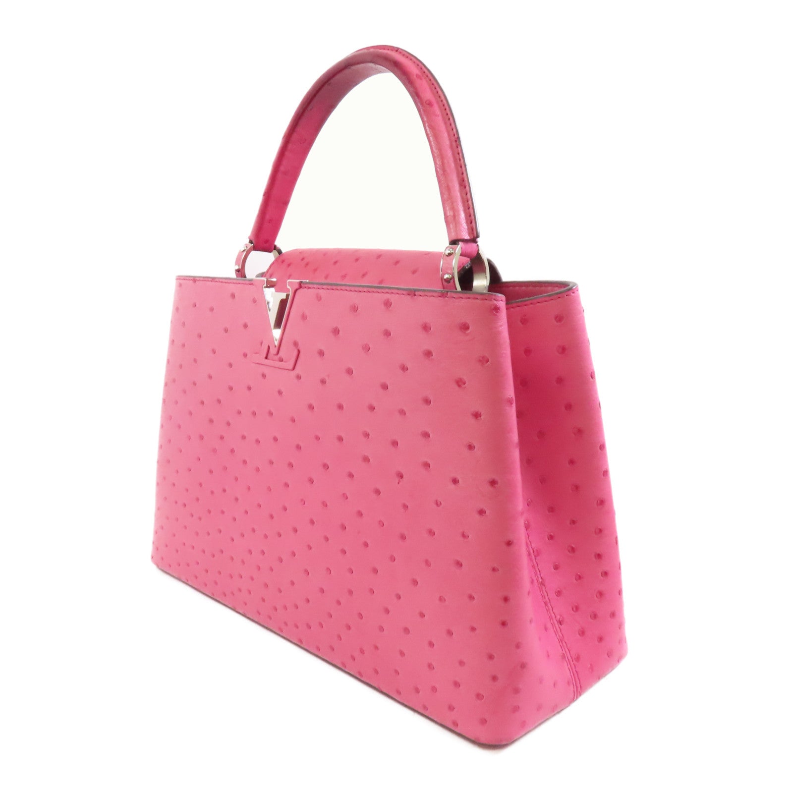 LOUIS VUITTON 鴕鳥皮革Capucines MM銀扣手挽袋Fuchsia粉紅色