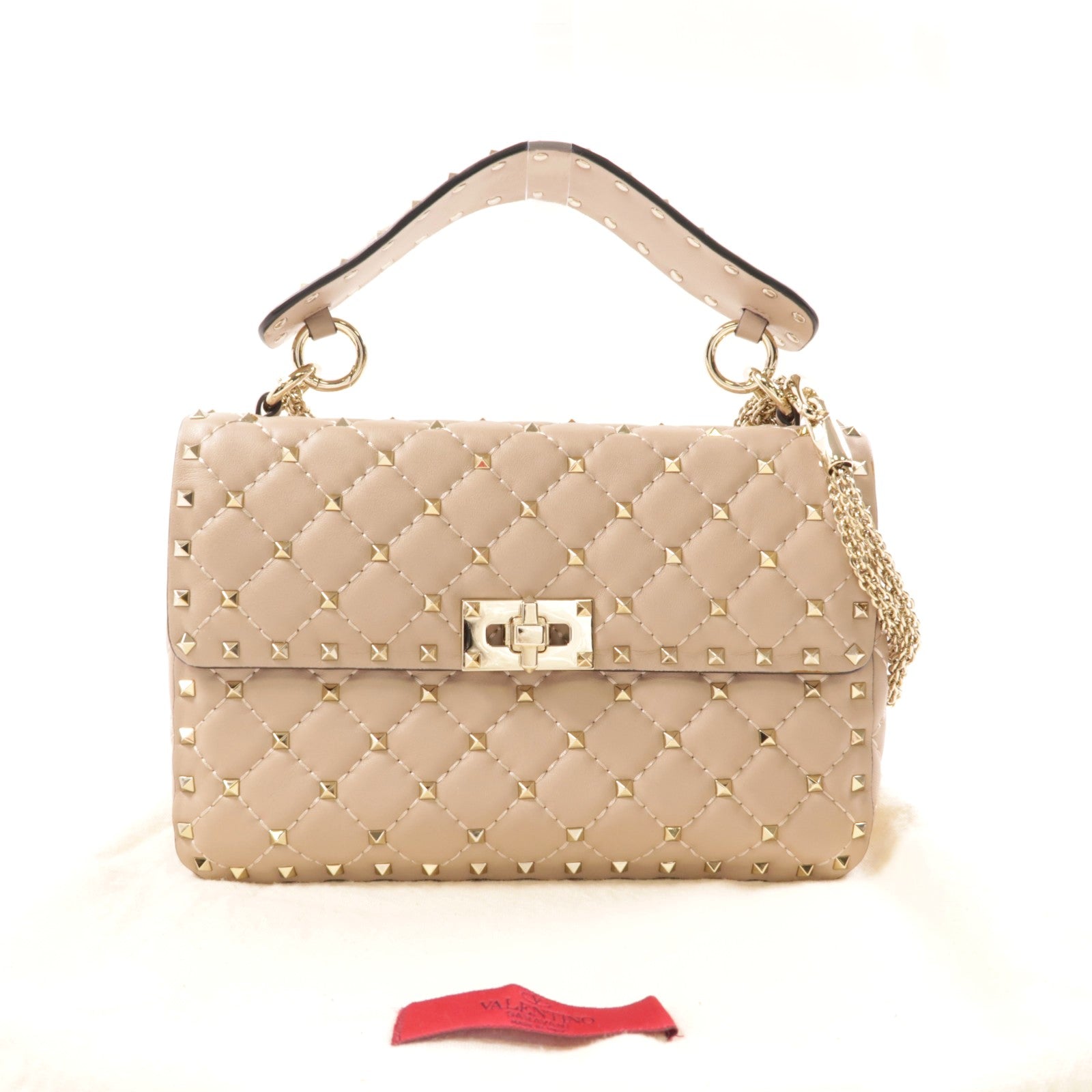 Valentino 牛皮皮革Chain Shoulder金扣手挽肩背兩用袋米色