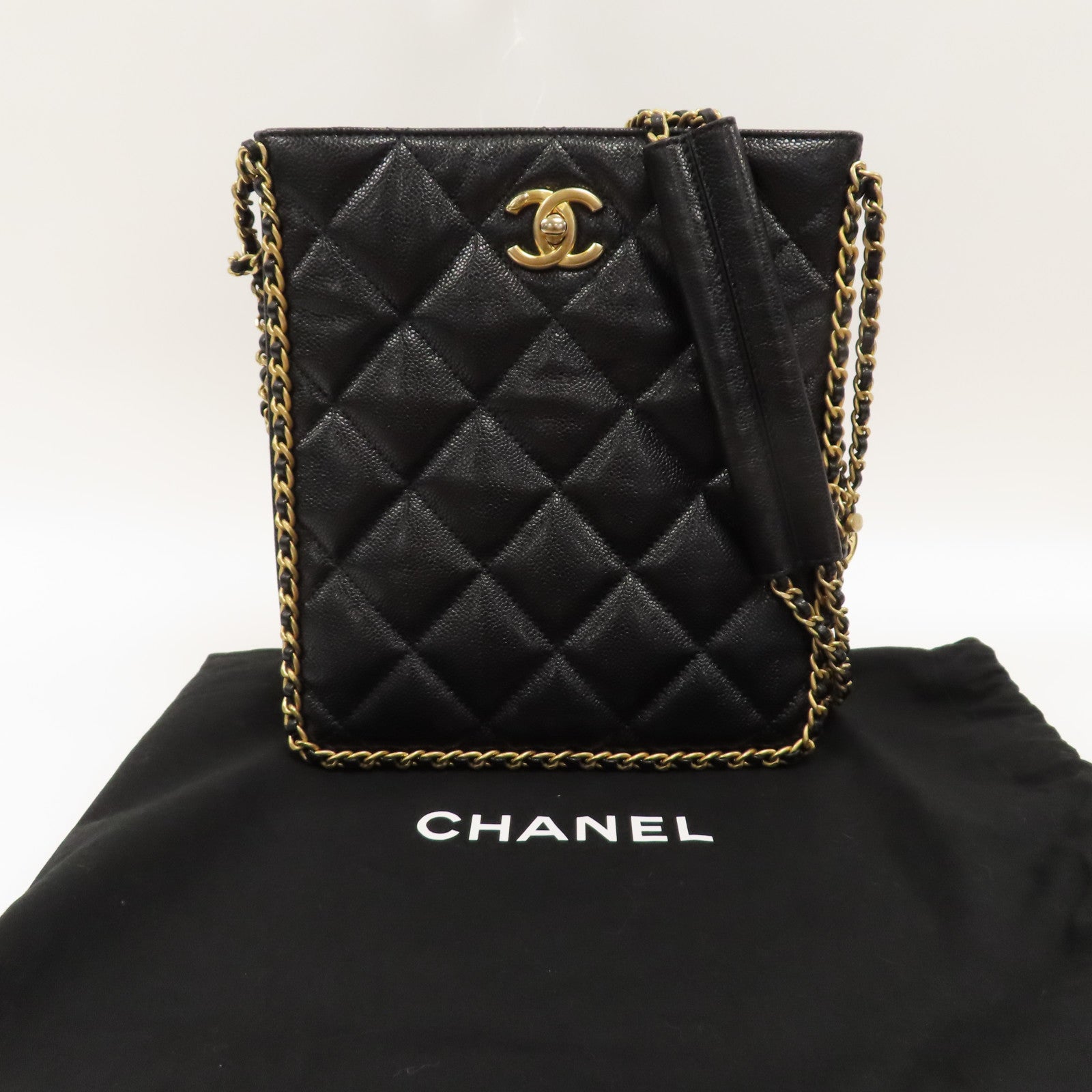 CHANEL 菱格牛皮皮革Small Shopping Bag金扣鏈帶肩背袋黑色