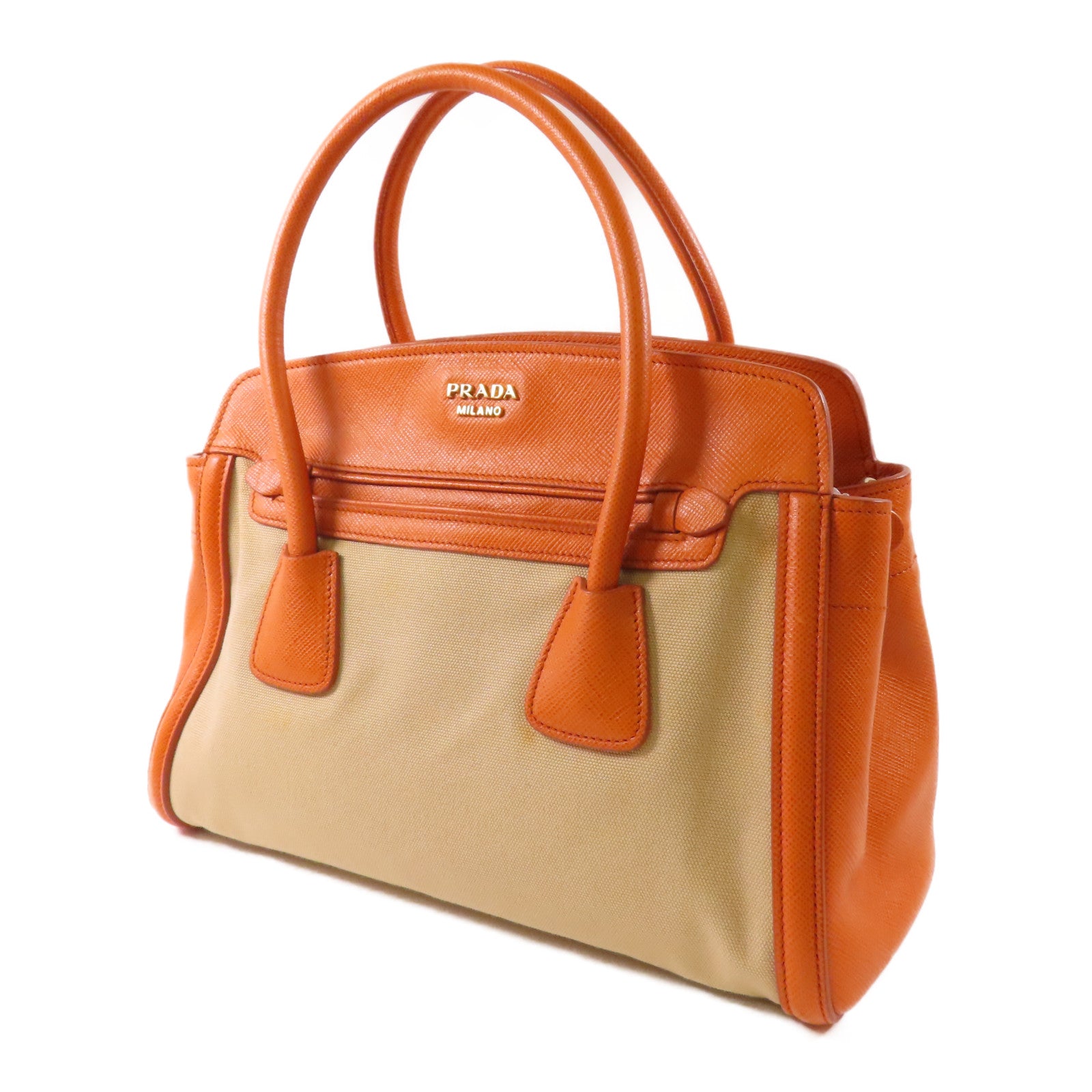 PRADA GHW 2 Way Shoulder Bag Handbag BN2595 Canvas Leather Beige Orange