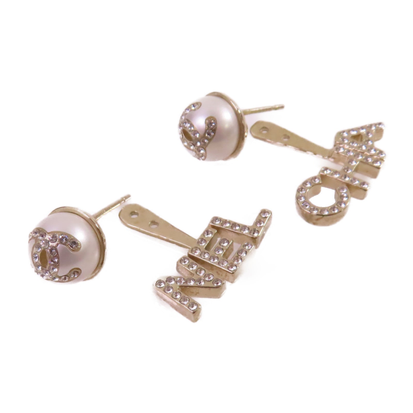CHANEL 金屬/仿珍珠/水鑽CC Earrings金扣耳環白色/金色