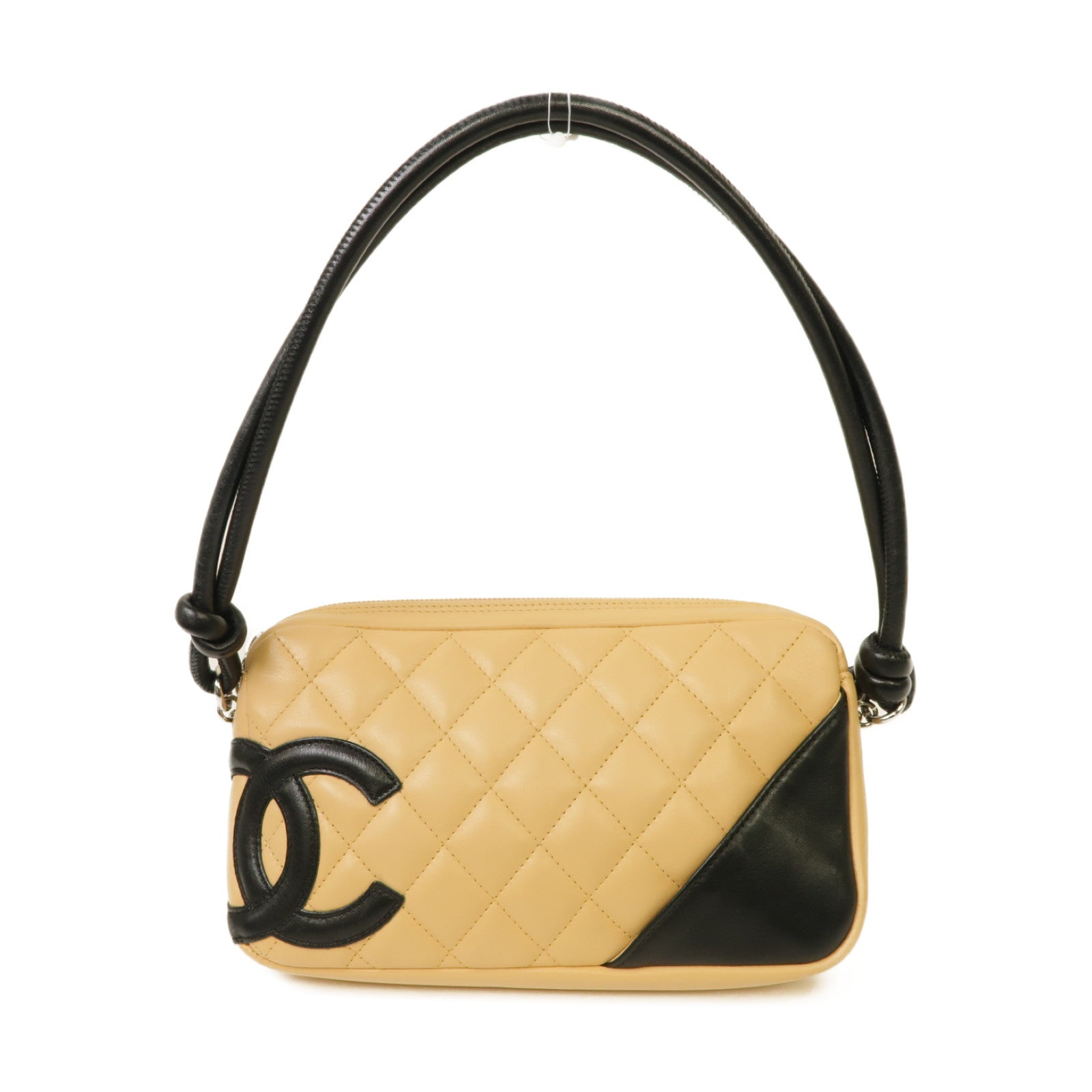 CHANEL 菱格皮革Cambon Pochette銀扣肩背袋米色/黑色