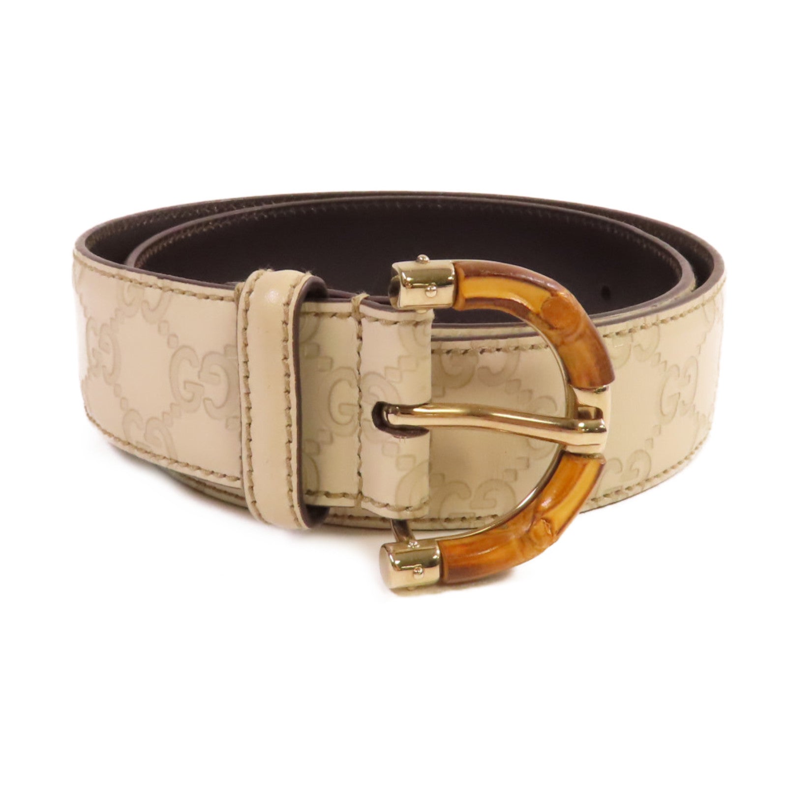 GUCCI 牛皮皮革GG Bamboo Belt金扣皮帶米白色/啡色
