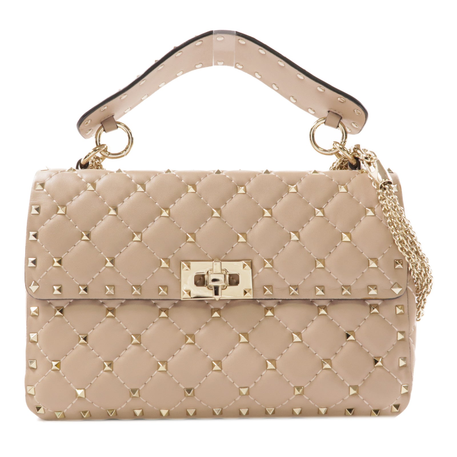 Valentino 牛皮皮革Chain Shoulder金扣手挽肩背兩用袋米色